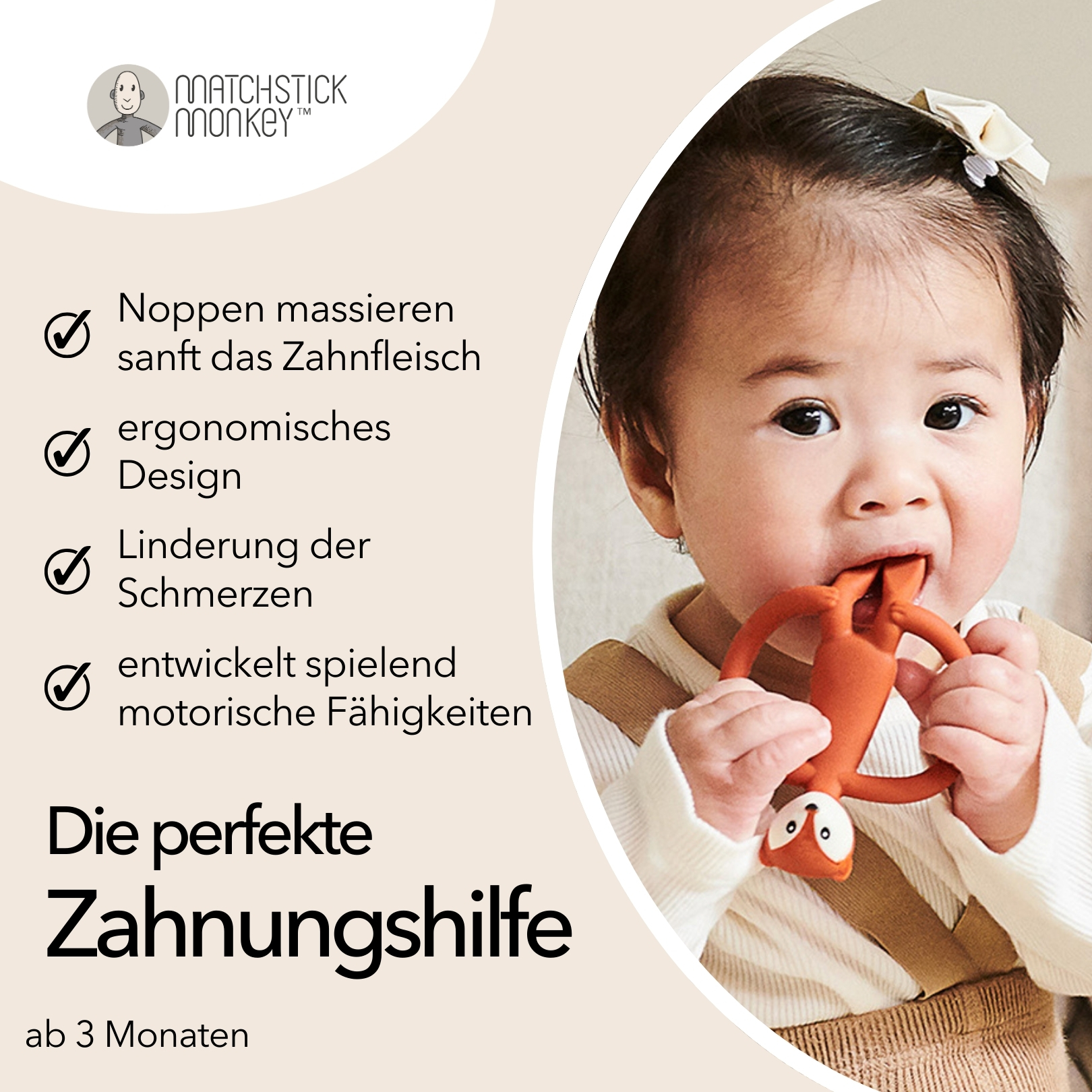 Ein Baby mit einem orangenen Fuchs-Beißring im Mund. Text beschreibt Vorteile und Eigenschaften.