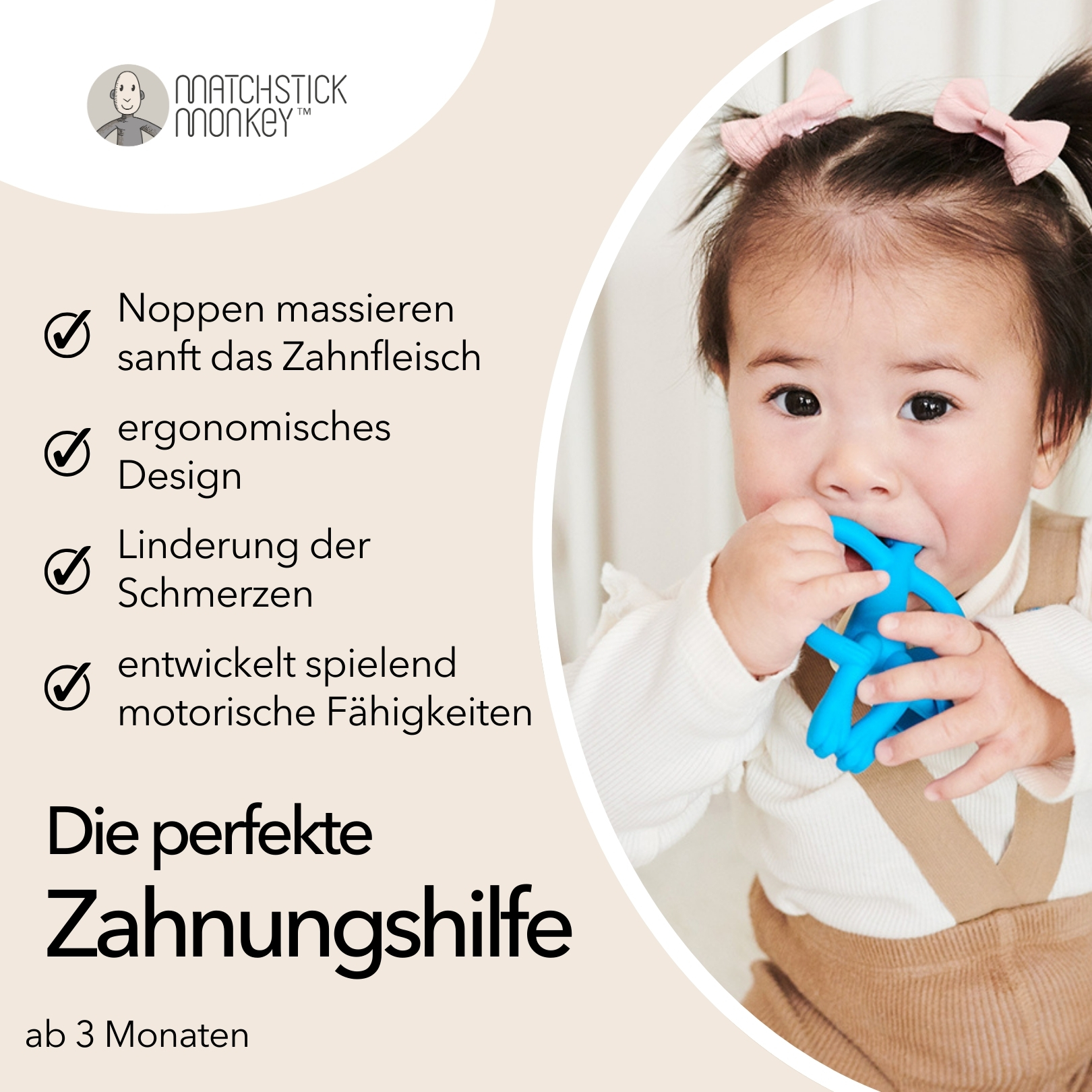 Baby mit blauem Beißring im Mund. Text: Perfekte Zahnhilfe. Vorteile: Zahnfleischmassage, ergonomisches Design etc.