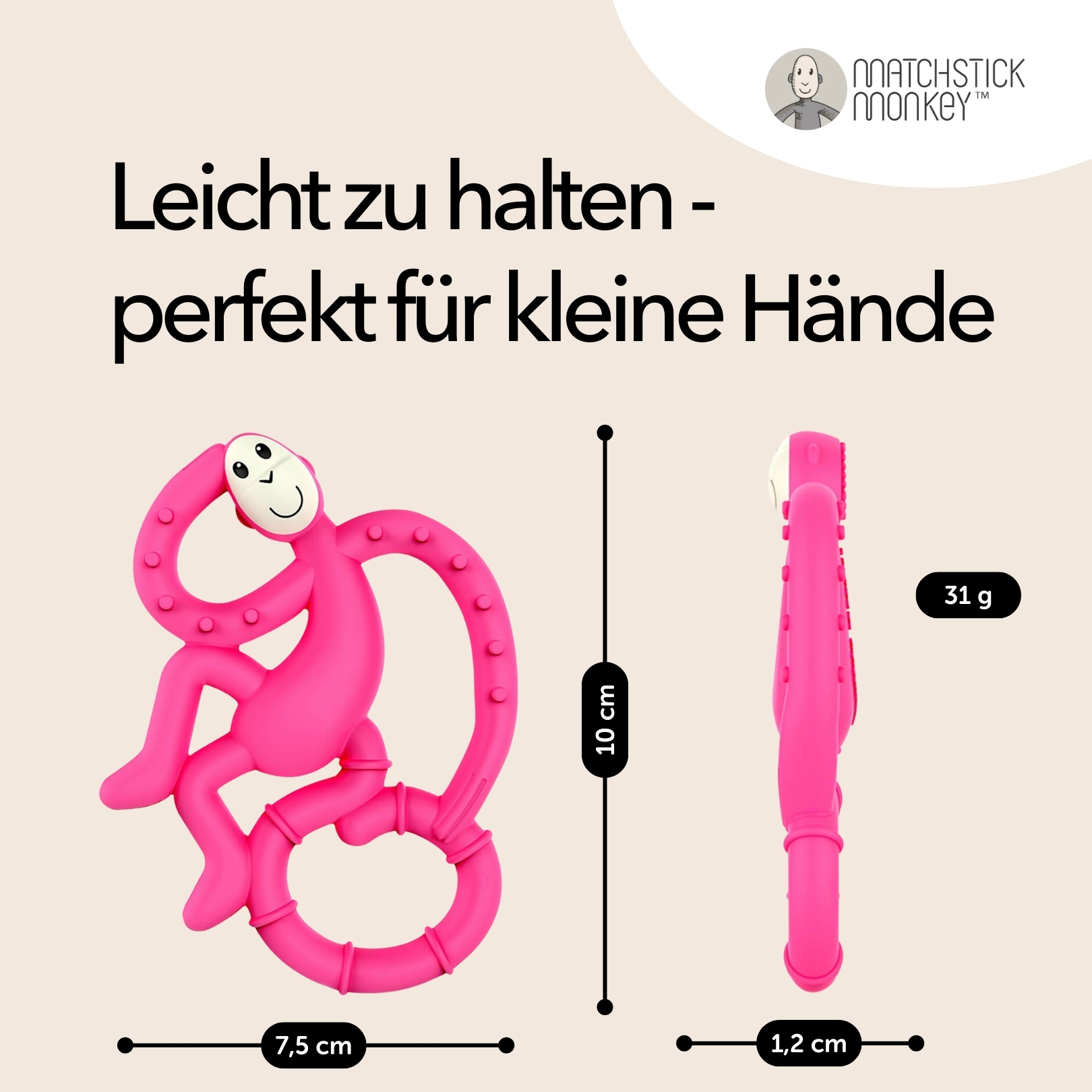 Rosa Affen-Beißring mit Maßen und Gewicht. Text: Leicht zu halten - perfekt für kleine Hände.