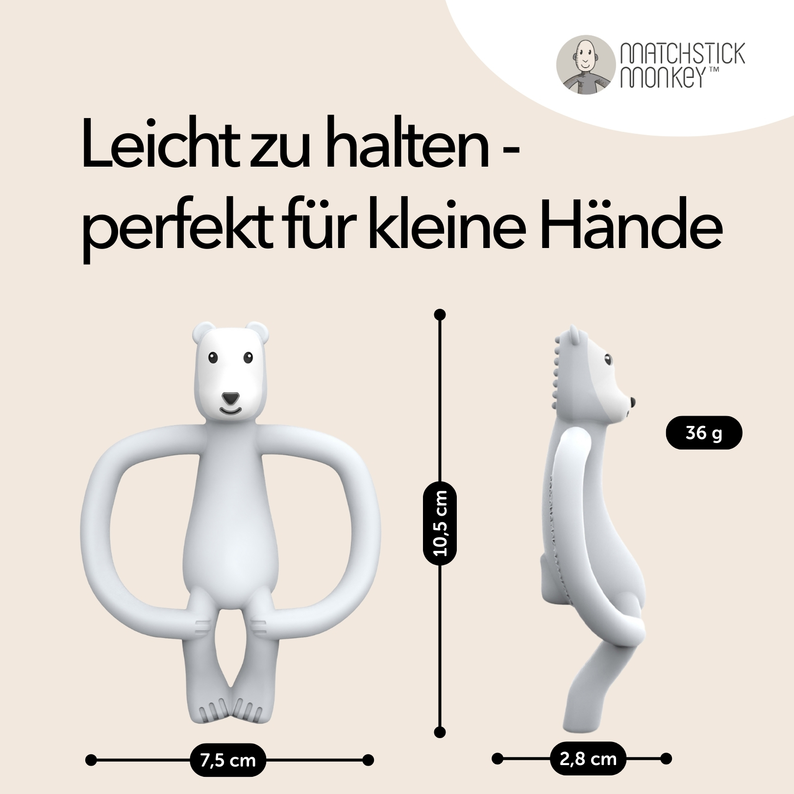 Weißer Eisbär-Beißring mit Abmessungen. Text: Einfach zu halten - perfekt für kleine Hände.