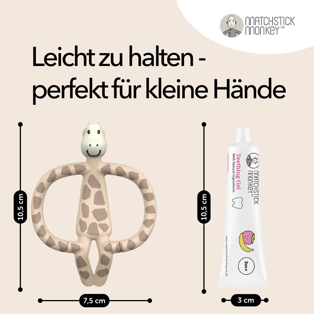 Giraffen-Beißring mit Abmessungen. Eine Tube Gel. Text: Einfach zu halten - perfekt für kleine Hände.