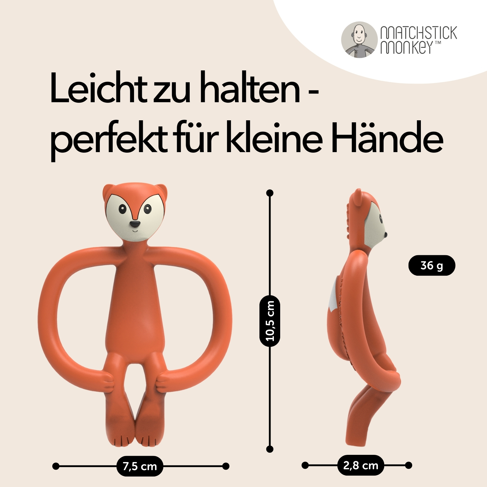 Oranger Fuchs-Beißring mit Abmessungen. Text: Einfach zu halten - perfekt für kleine Hände.