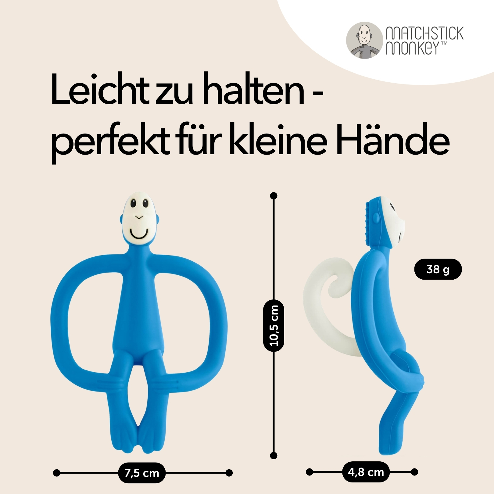 Blauer Affen-Beißring mit Abmessungen. Text: Einfach zu halten - perfekt für kleine Hände.