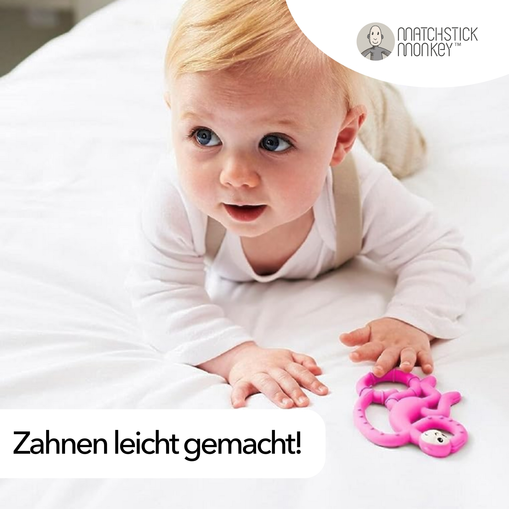 Baby mit rosa Affen-Beißring im Mund. Text: Zahnen leicht gemacht!