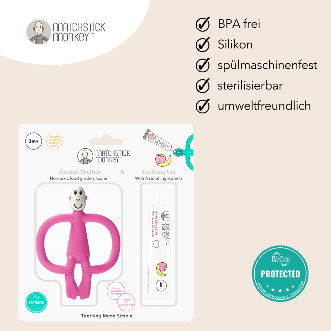 Ein Beißring, Zahnungsgel und Text mit Vorteilen, einschließlich BPA-frei und sterilisierbar.