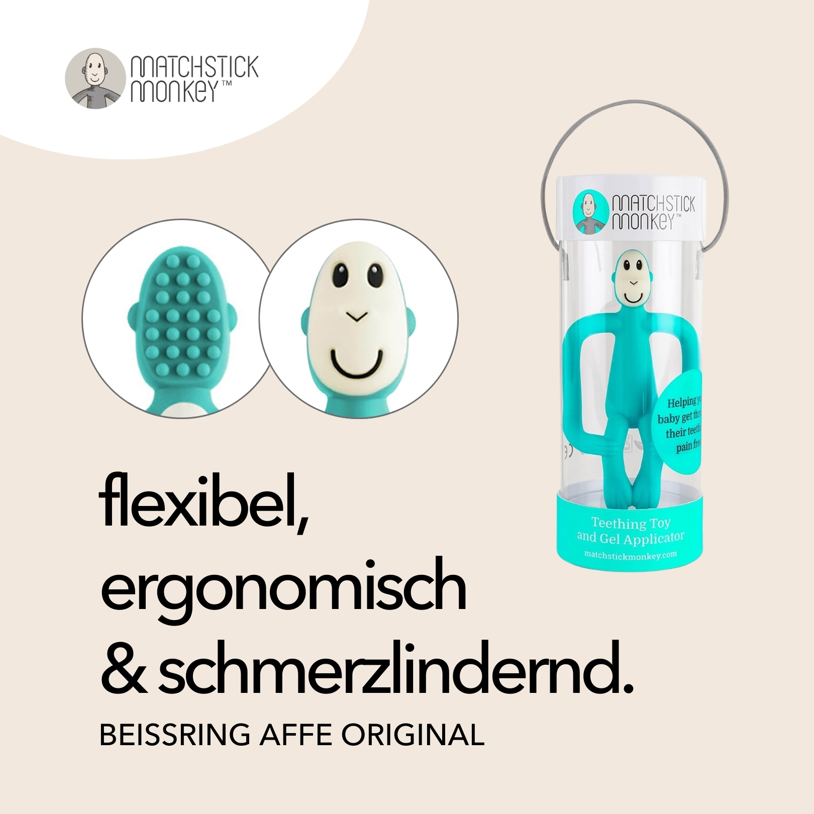 Türkisfarbener Beißring. Text: flexibel, ergonomisch, schmerzlindernd. Beißspielzeug in Verpackung. Zwei Detailansichten.