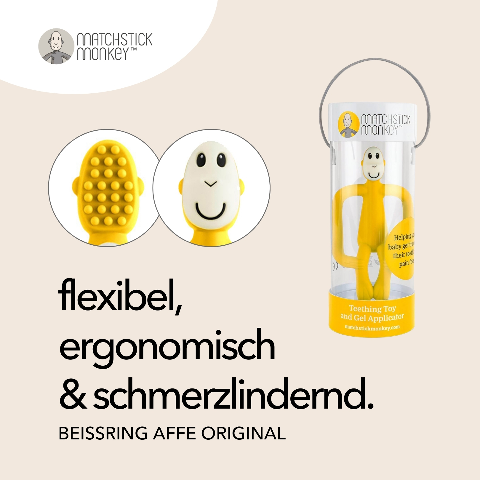 Gelber Beißring. Text: flexibel, ergonomisch, schmerzlindernd. Beißspielzeug in Verpackung. Zwei Detailansichten.