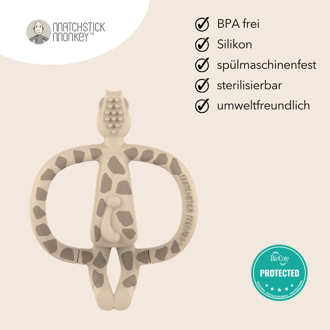 Giraffen-Beißring mit Auszeichnungen und Merkmalen. Text: BPA-frei, Silikon, spülmaschinenfest, sterilisierbar, umweltfreundlich.
