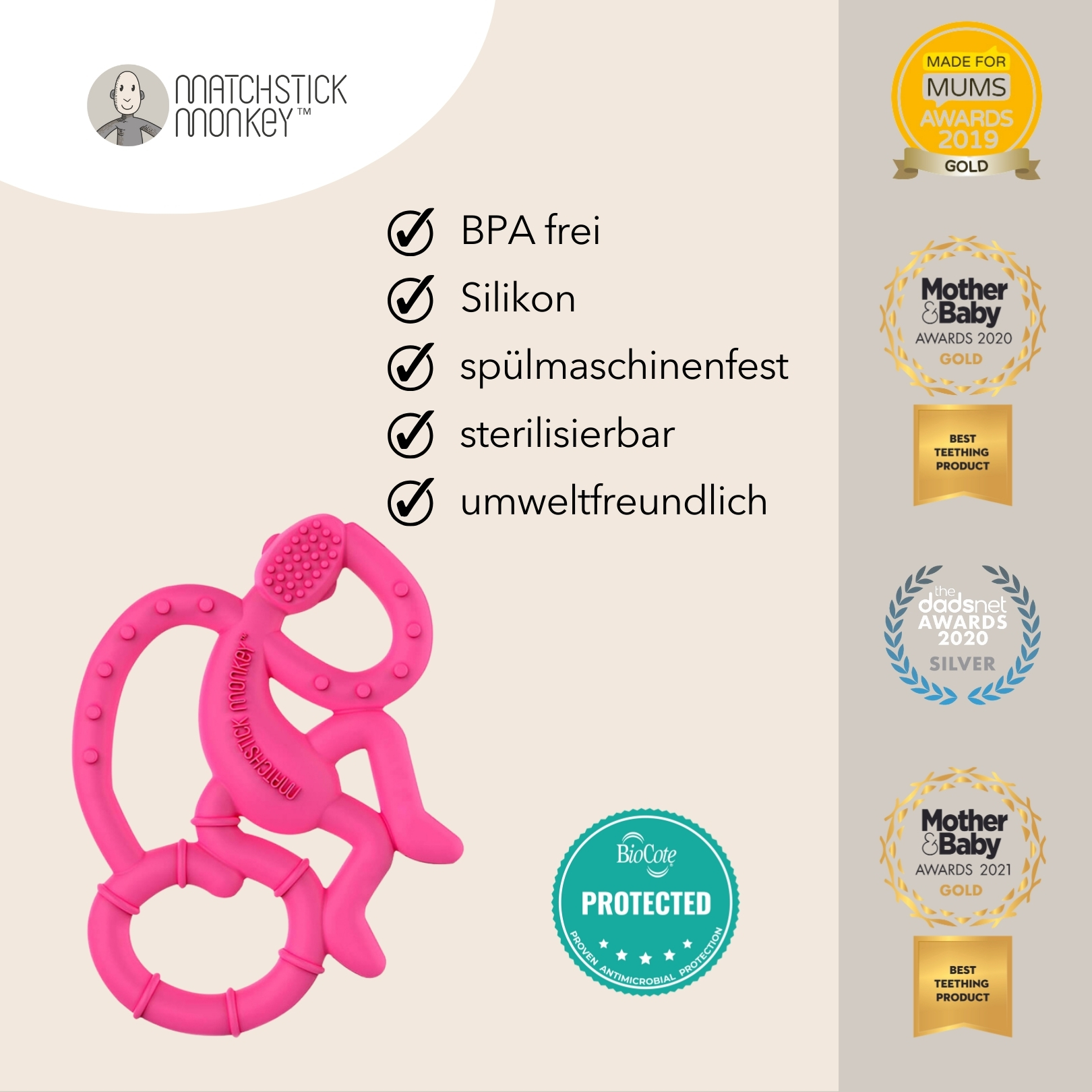 Pinker Affen-Beißring. Text: BPA-frei, Silikon, spülmaschinenfest, sterilisierbar, umweltfreundlich. Auszeichnungen im Hintergrund.