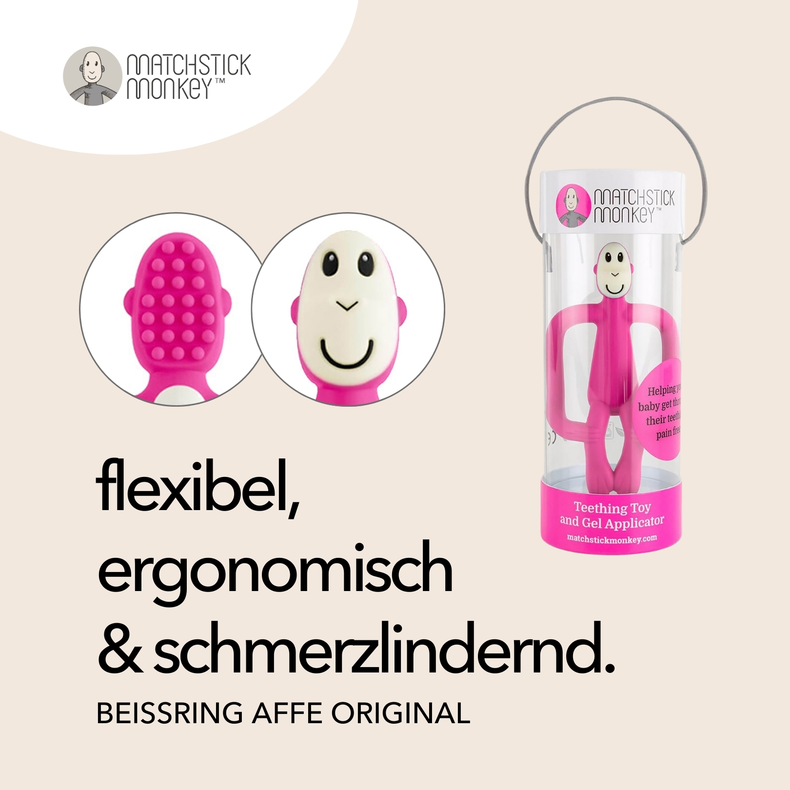 Pinker Beißring. Text: flexibel, ergonomisch, schmerzlindernd. Beißspielzeug in Verpackung. Zwei Detailansichten.