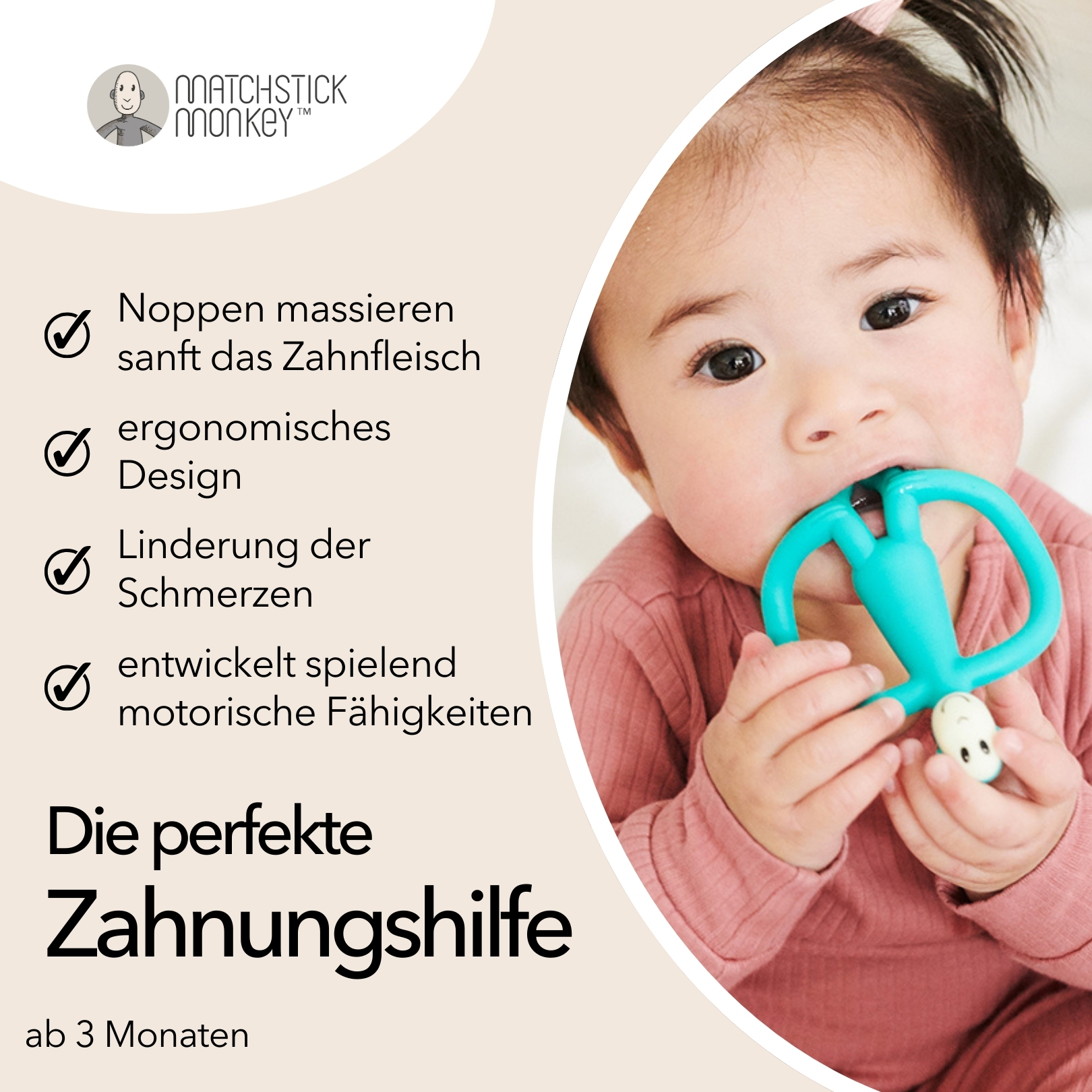 Baby mit türkisfarbenem Beißring, Text auf Deutsch: sanftes Zahnfleisch, ergonomisch, Schmerzlinderung, motorische Fähigkeiten.