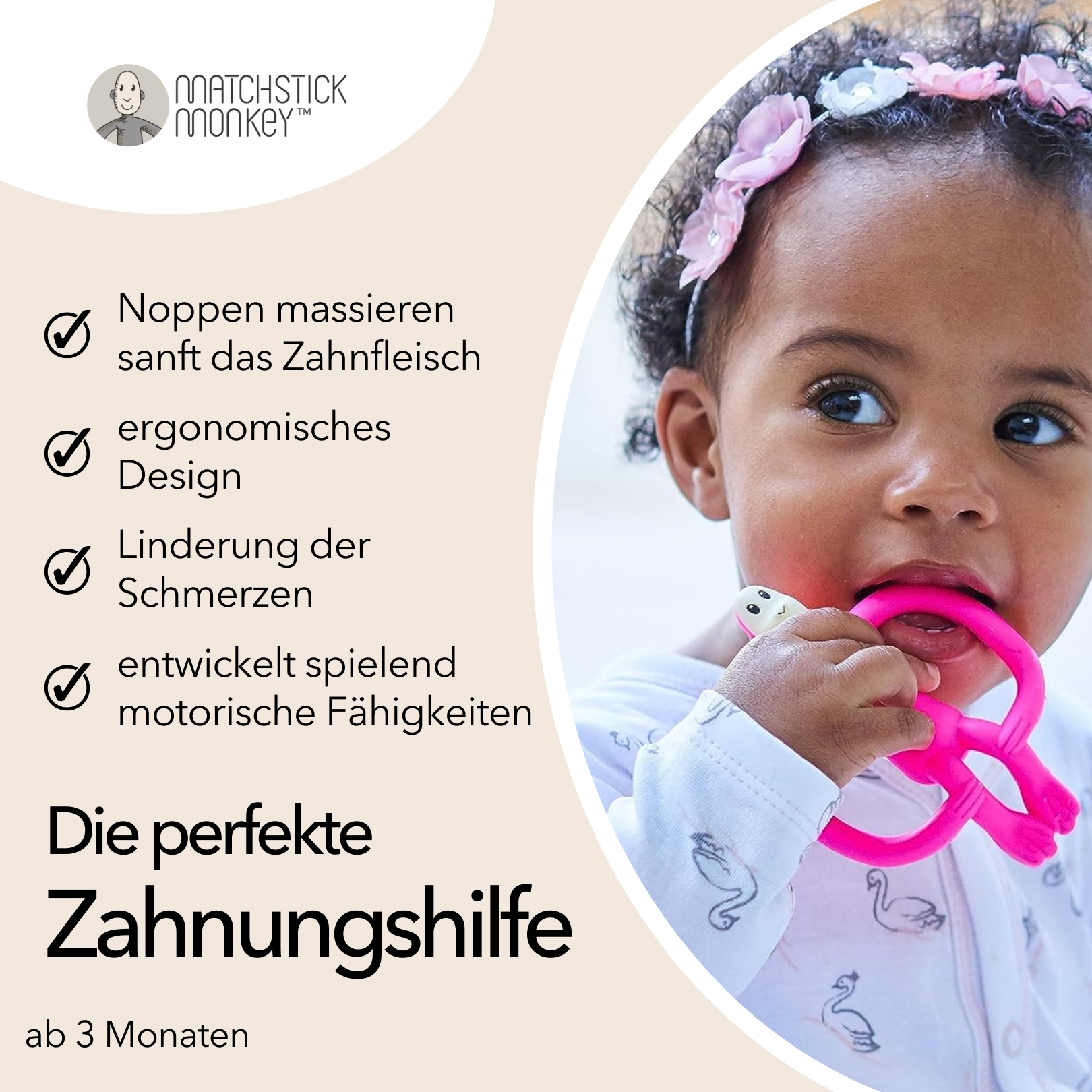 Mädchen mit Beißring, Text: perfekte Zahnhilfe, ab 3 Monaten.