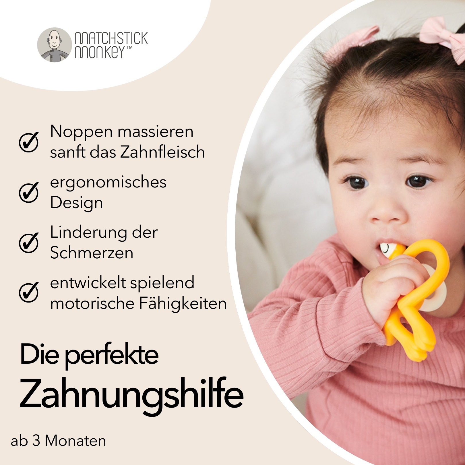 Baby mit gelbem Beißring. Text auf Deutsch: sanftes Zahnfleisch, ergonomisch, Schmerzlinderung, motorische Fähigkeiten. Rosa Hintergrund.