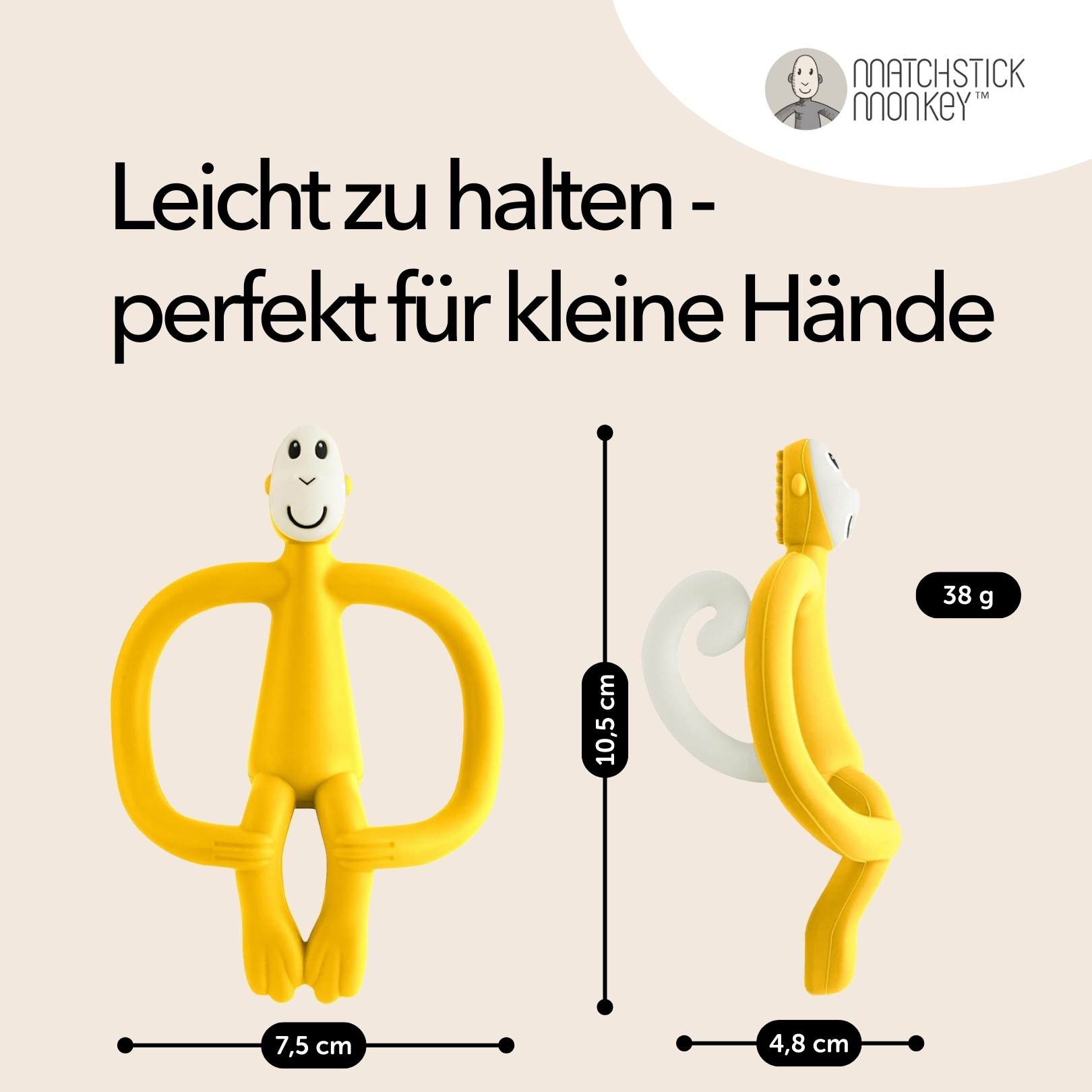 Gelber Beißring mit Maßen, Text: leicht zu halten - perfekt für kleine Hände.
