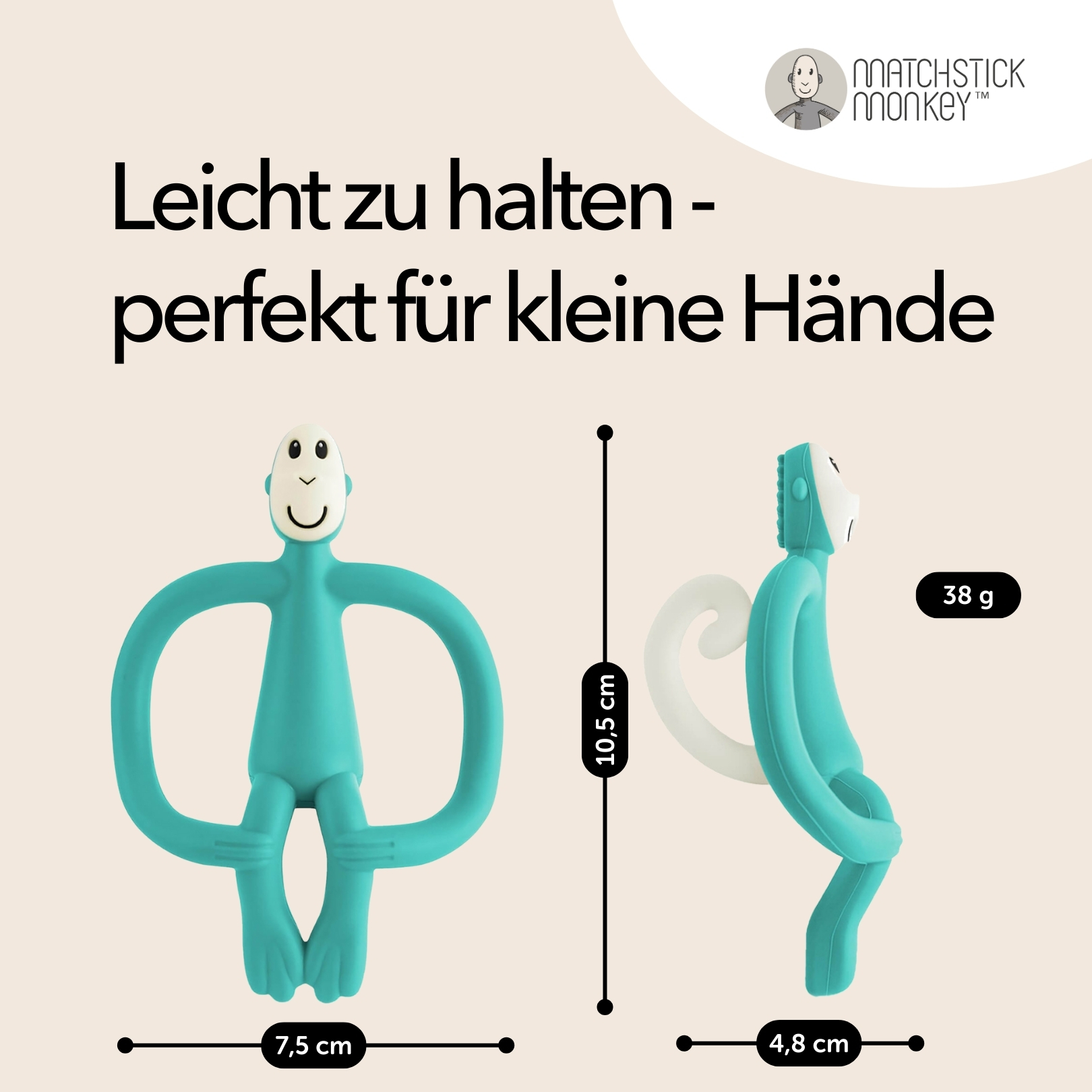 Türkisfarbener Affen-Beißring. Abmessungen: 7,5 x 10,5 x 4,8 cm. Text: leicht zu halten - perfekt für kleine Hände.