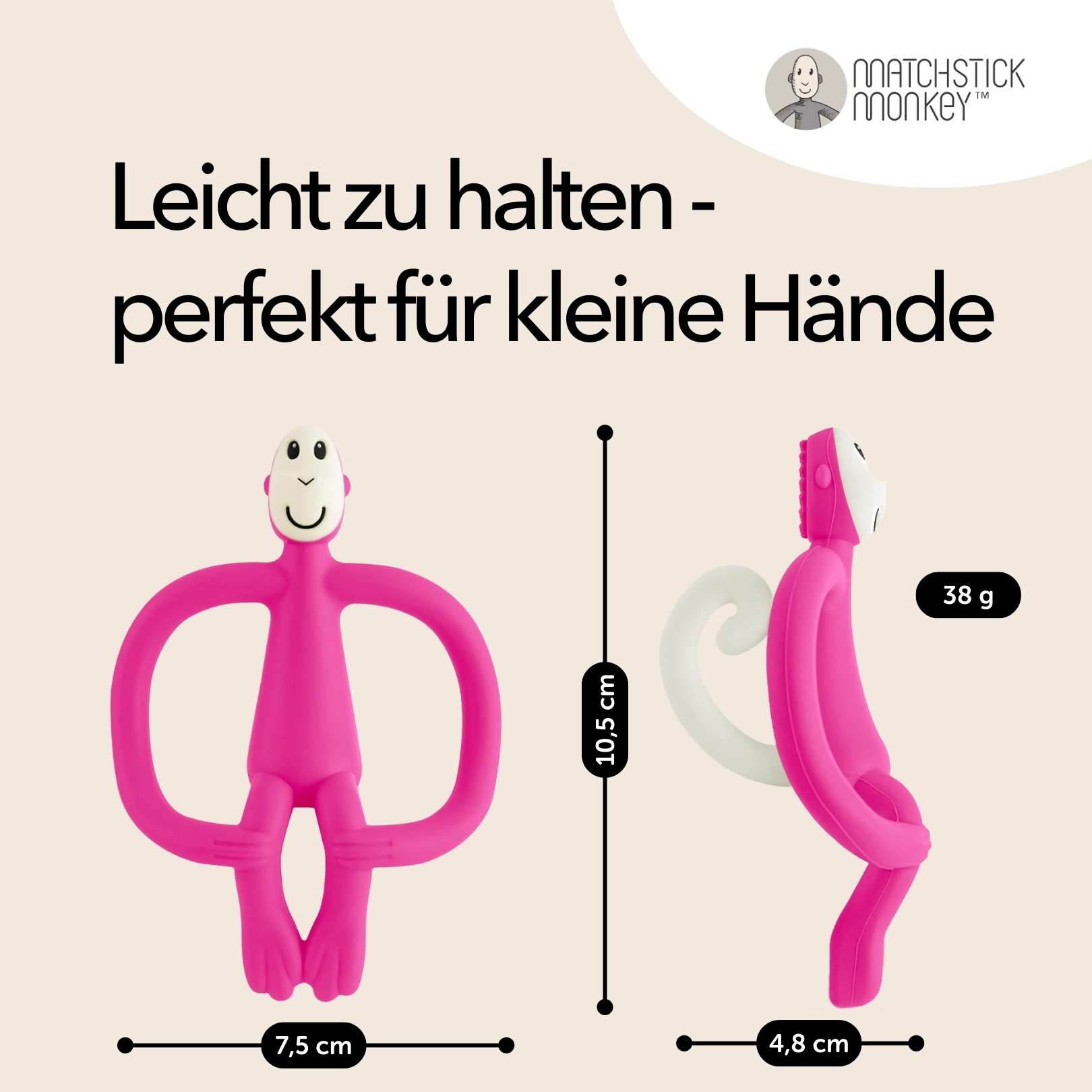 Pinker Affen-Beißring. Abmessungen: 7,5 x 10,5 x 4,8 cm. Text: leicht zu halten - perfekt für kleine Hände.