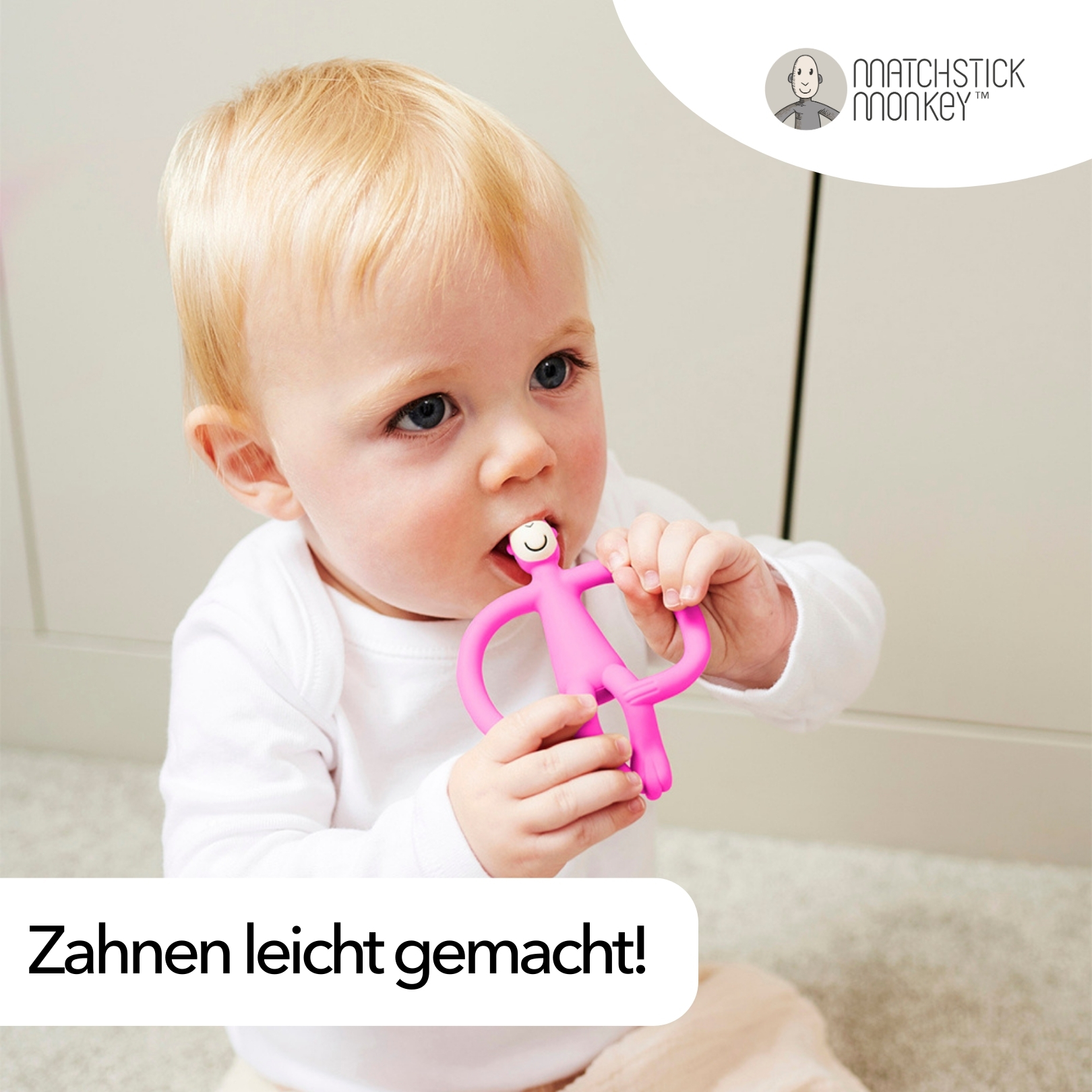 Baby mit rosa Beißring, Text: Zahnen leicht gemacht!