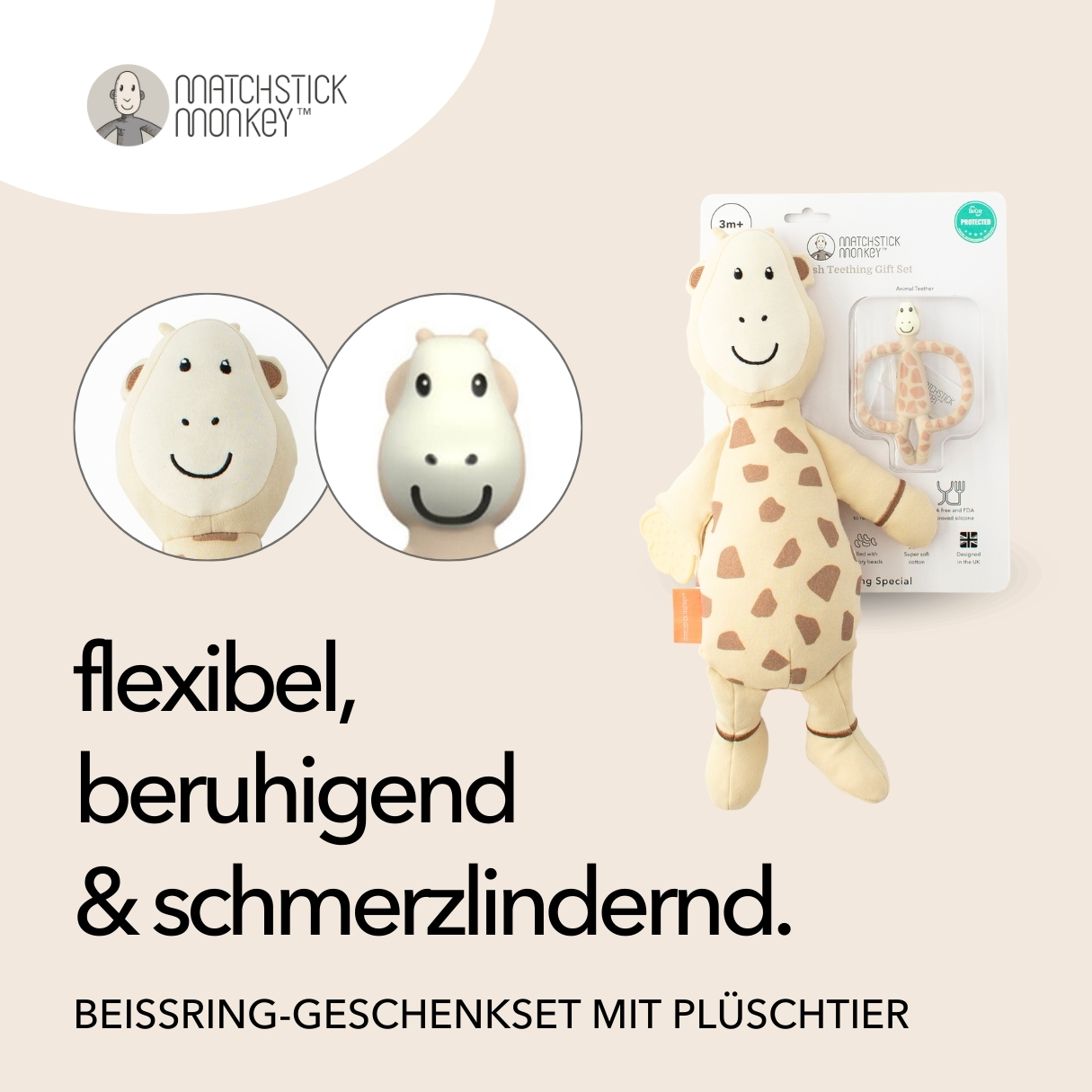 Giraffen-Spielzeugset, Text: flexibel, beruhigend, schmerzlindernd.