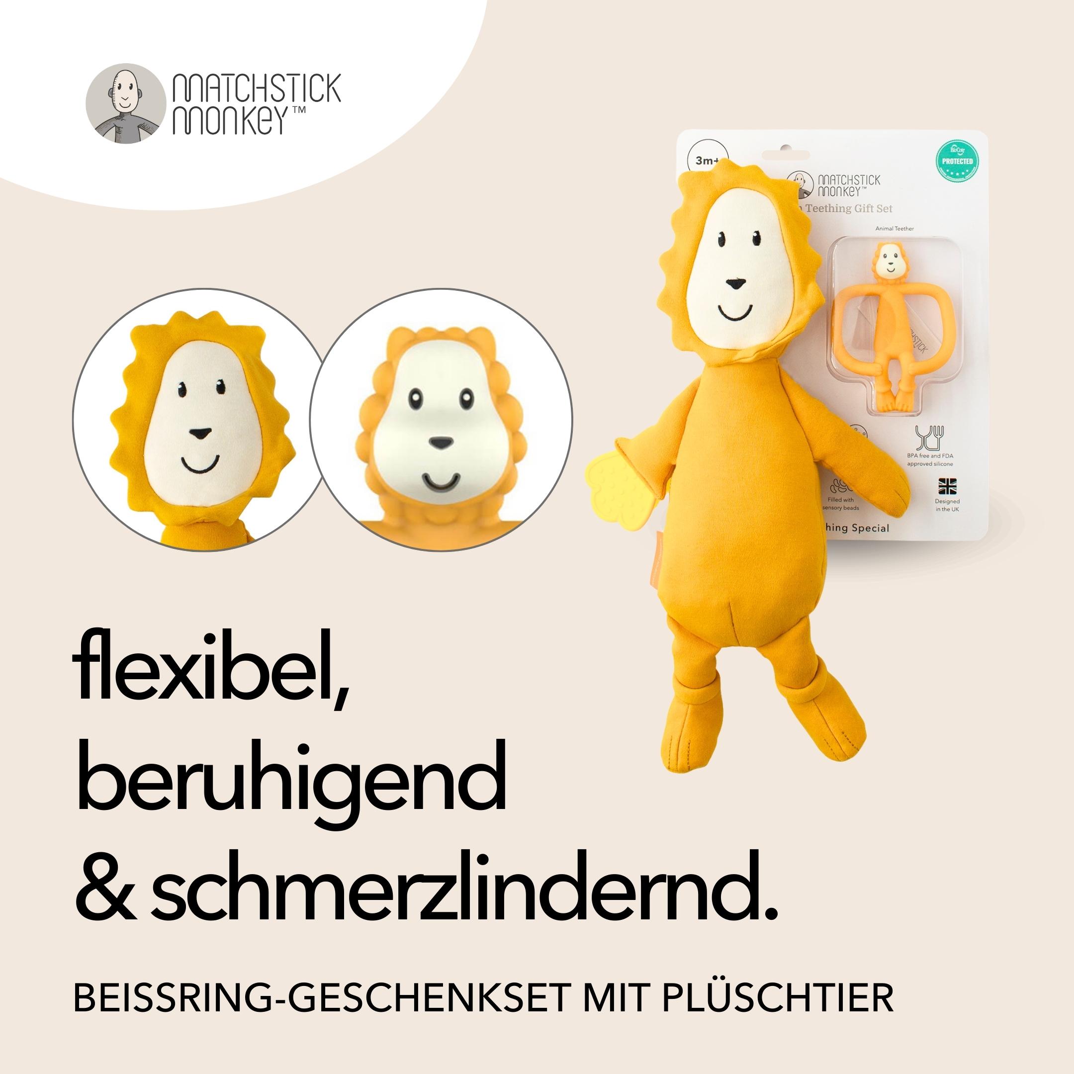 Löwen-Beißring-Spielzeug mit zwei Bildern und Text. Enthält einen Plüschlöwen und einen Beißring.