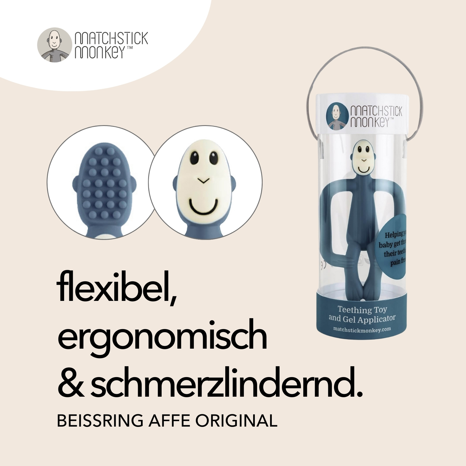 Blaues Beißspielzeug in einer transparenten Röhre. Zwei Ansichten des Spielzeugs mit Text über Vorteile.