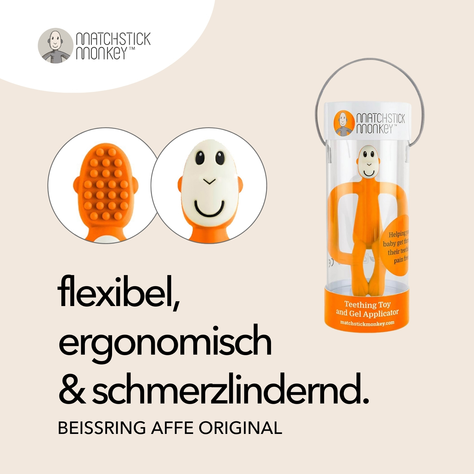 Orangener Beißring in einer transparenten Röhre. Zwei Ansichten des Spielzeugs mit Text über Vorteile.
