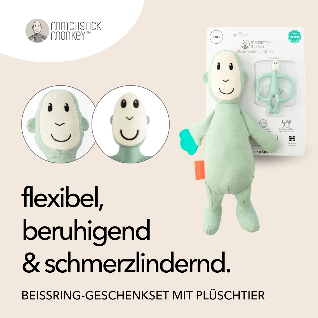 Baby-Spielzeugset mit einem Plüsch-Affen und einem Beißring. Text zeigt Flexibilität und Beruhigung an.