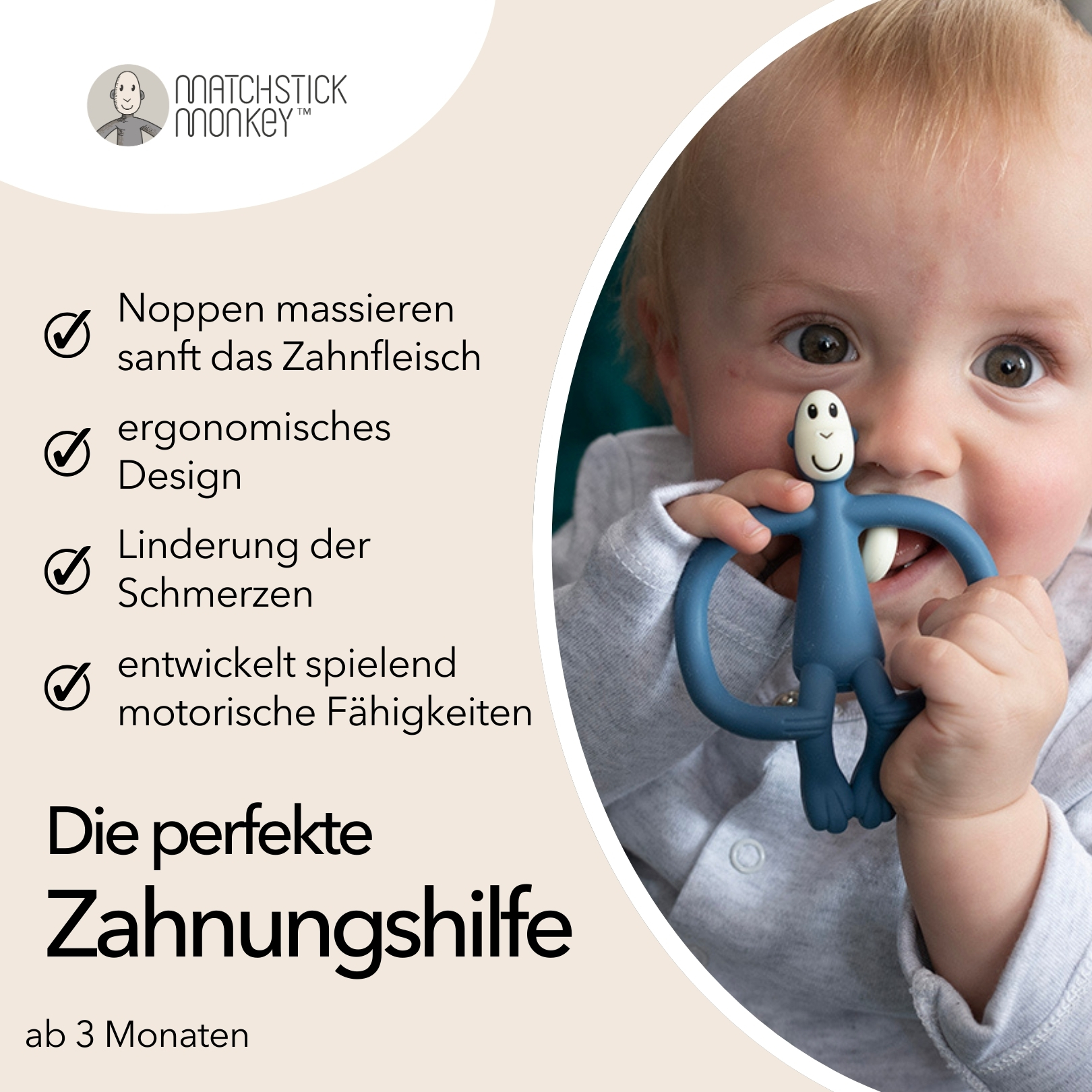 Baby hält blaues Beißring-Spielzeug. Text hebt Vorteile hervor: Zahnfleischmassage, ergonomisches Design, Schmerzlinderung.