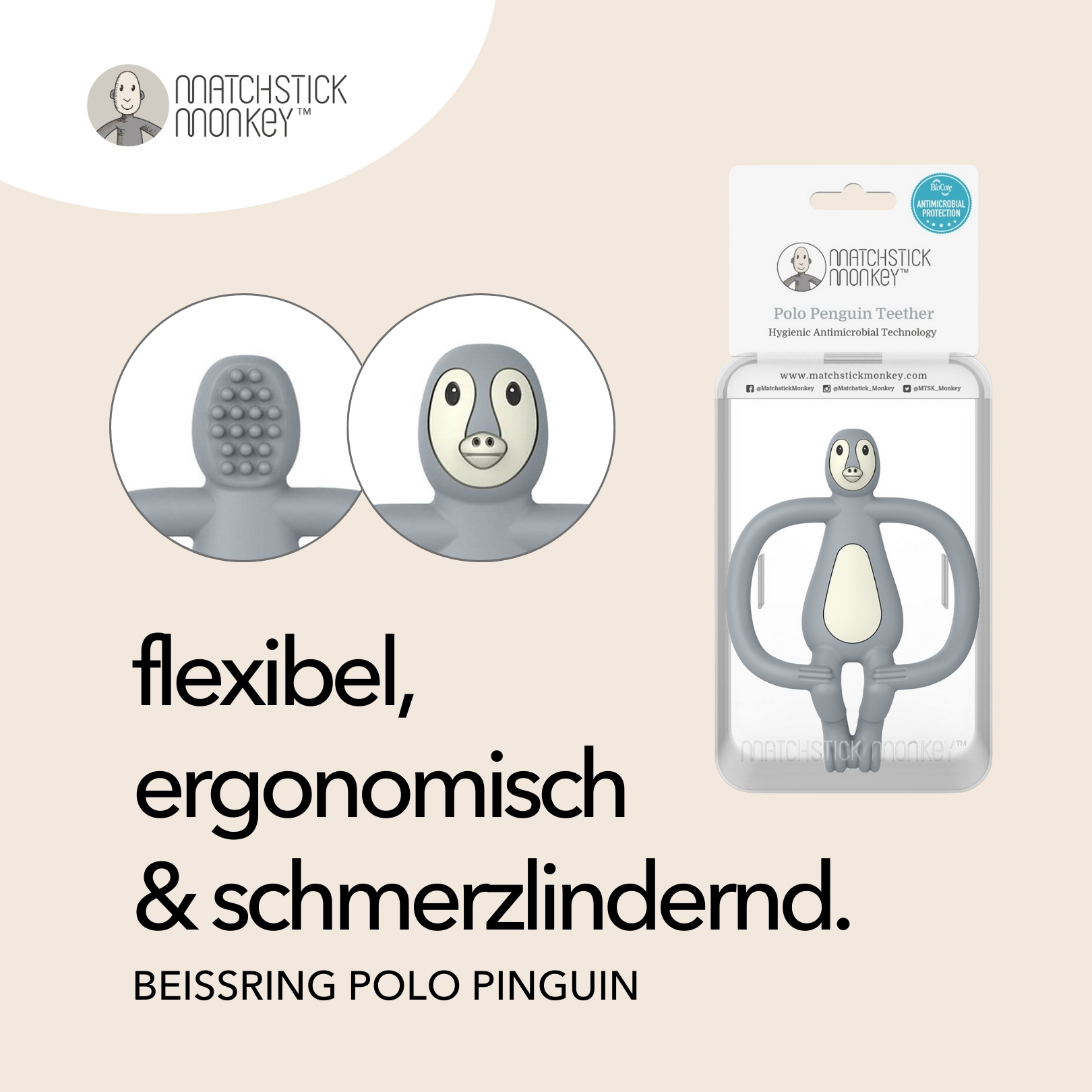 Pinguin-Beißring-Spielzeug mit zwei Bildern und Text. Es ist flexibel, ergonomisch und schmerzlindernd.