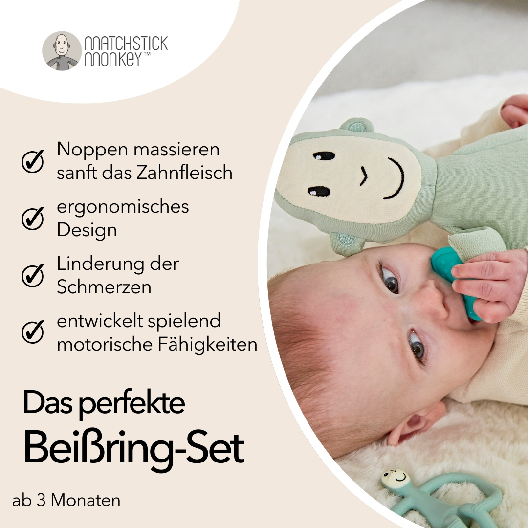 Baby hält ein Beißspielzeug. Text beschreibt Funktionen und Vorteile des Produkts.