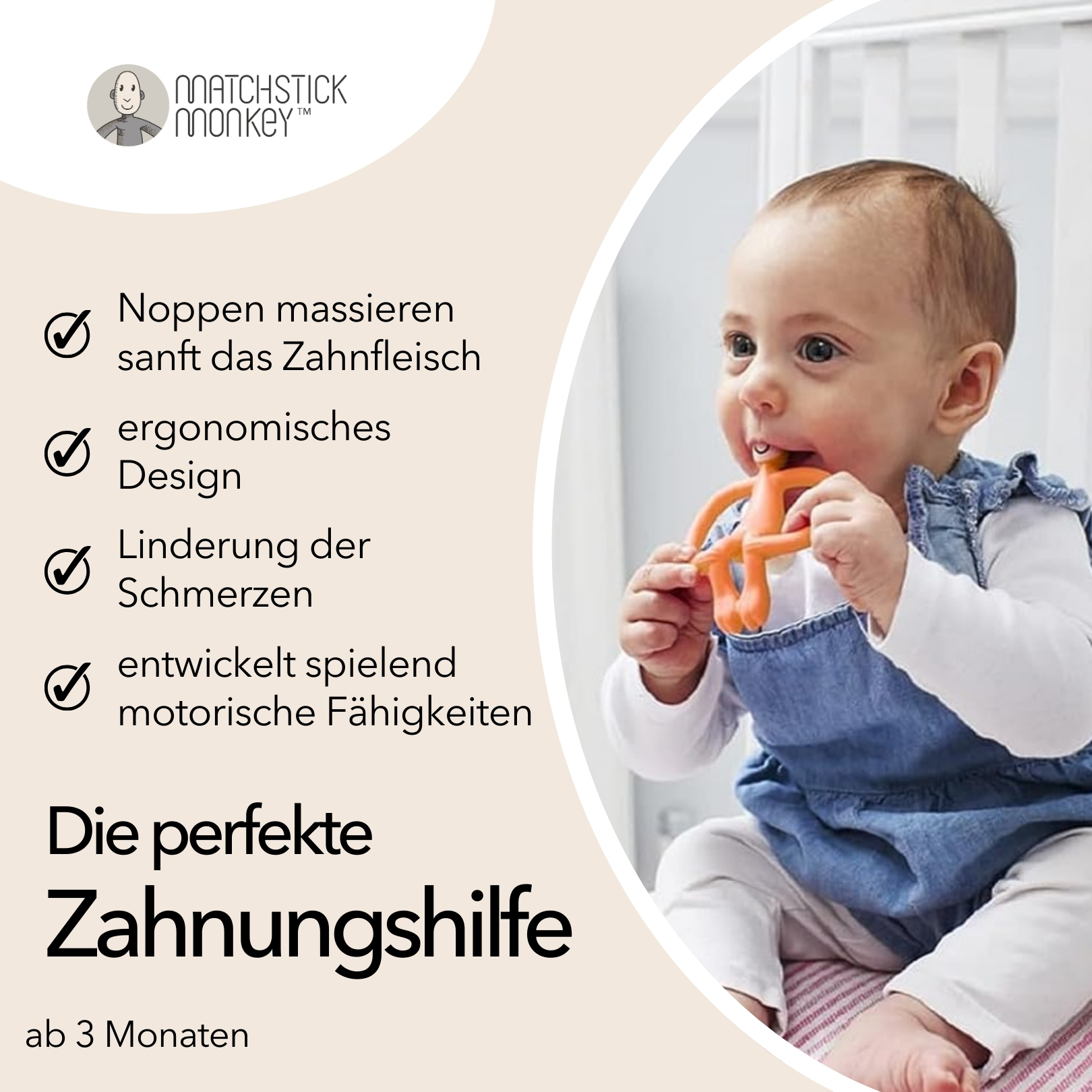 Baby hält orangefarbenes Beißring-Spielzeug. Text hebt Vorteile hervor: Zahnfleischmassage, ergonomisches Design, Schmerzlinderung.