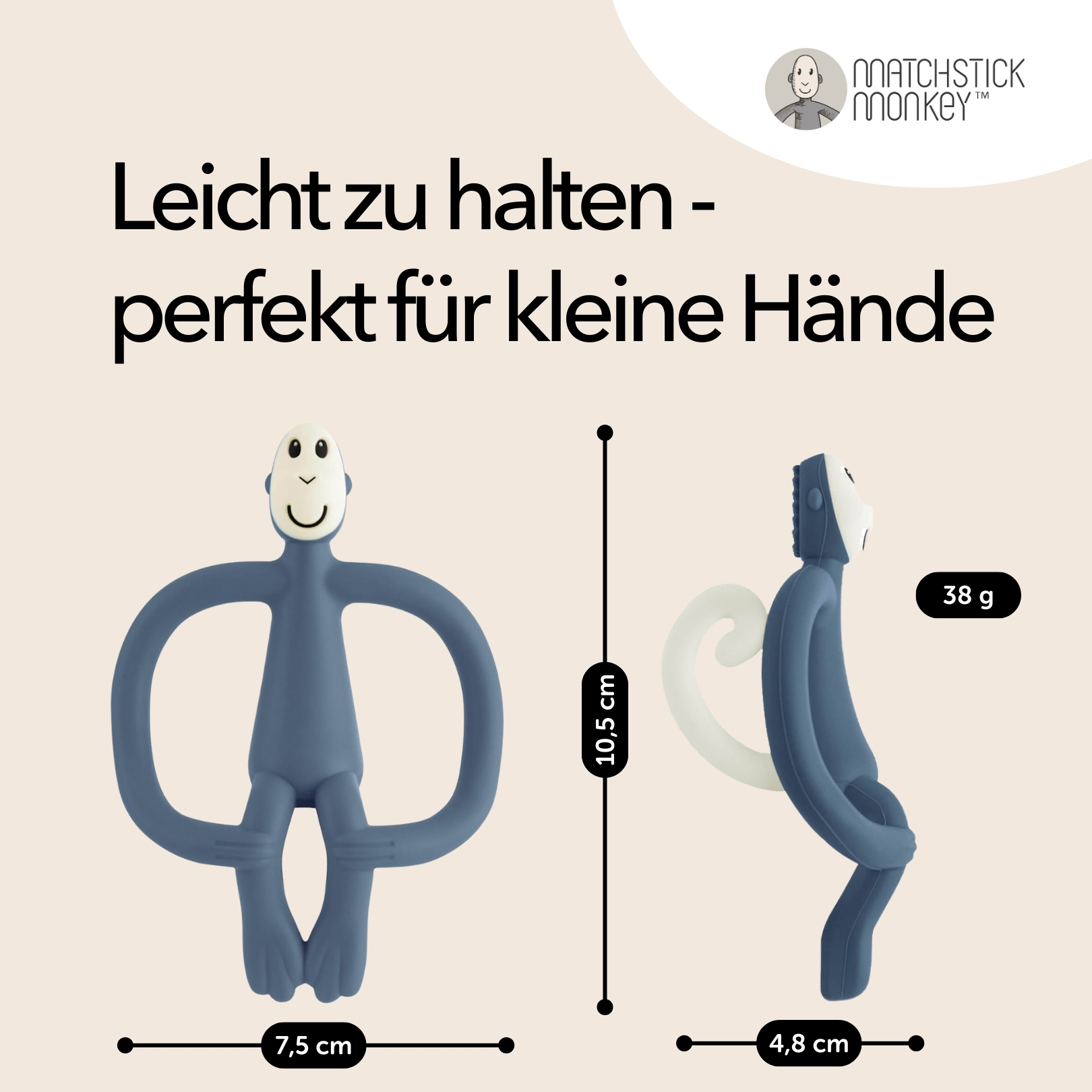 Blaues Beißring-Spielzeug mit Abmessungen. Es ist 10,5 cm hoch und 7,5 cm breit, wiegt 38 g.