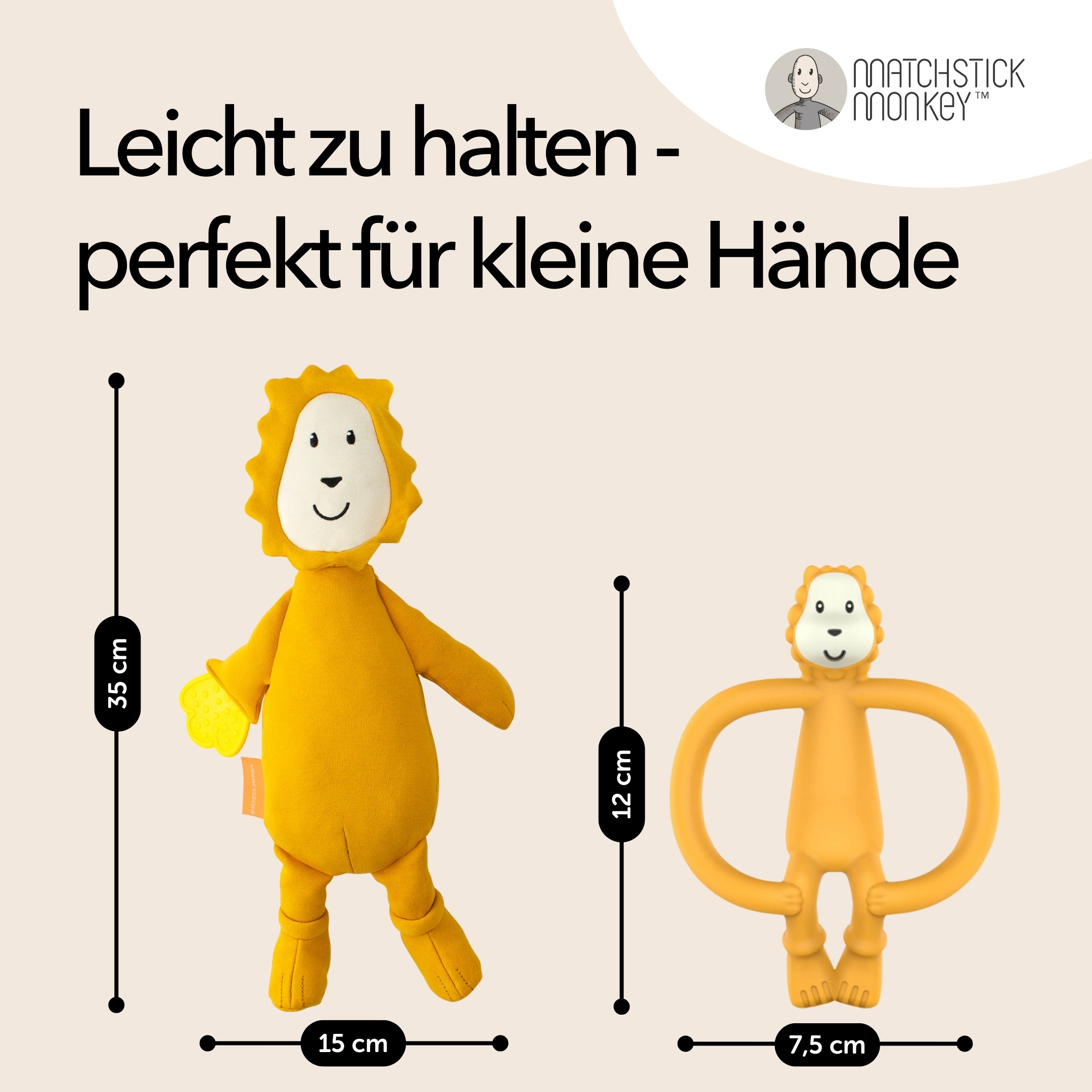 Gelbes Beißring-Spielzeug und Löwenspielzeug mit Abmessungen. Der Beißring misst 12 cm, das Löwenspielzeug 35 cm.