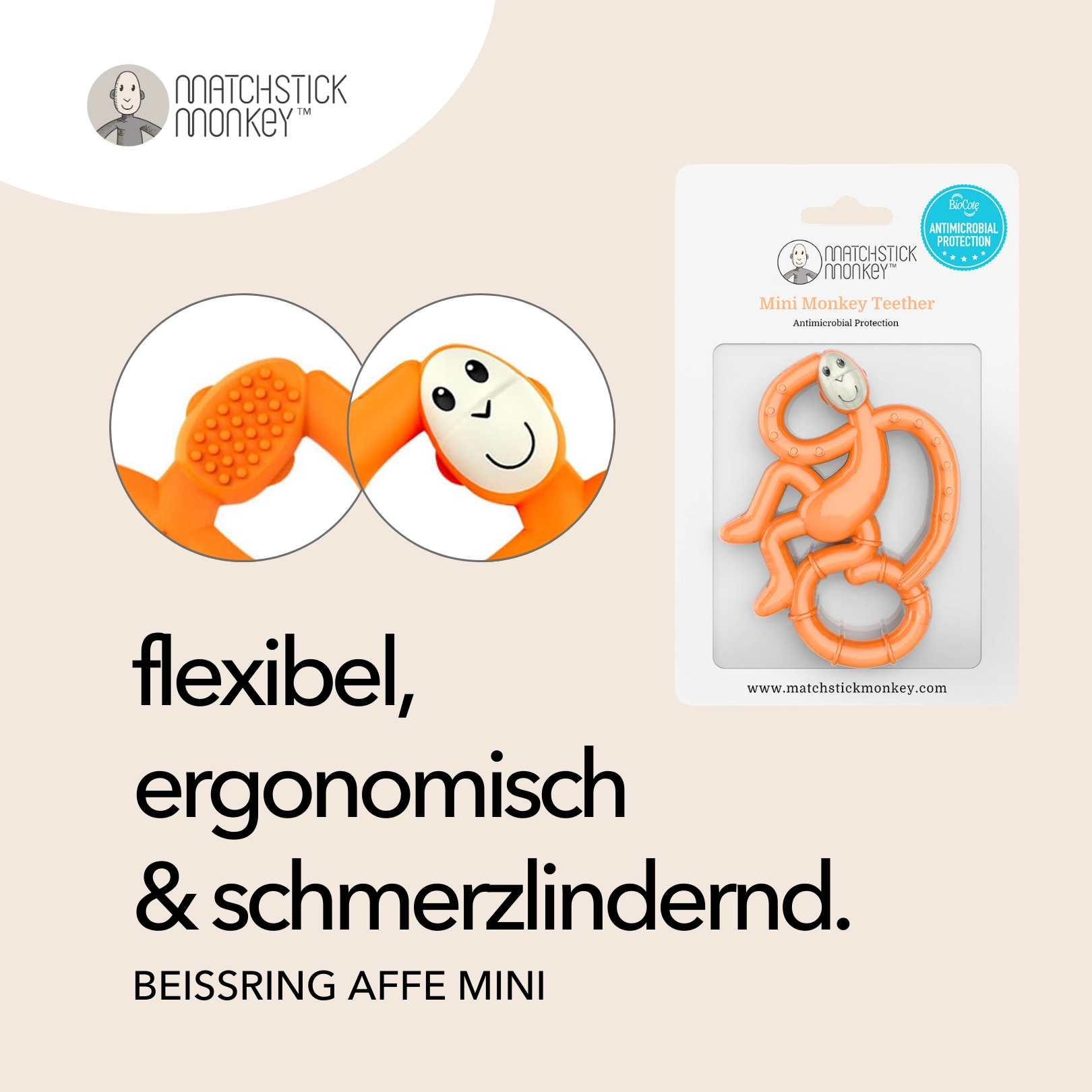 Orangenes Affen-Beißring-Spielzeug mit Text. Es ist flexibel, ergonomisch und schmerzlindernd.