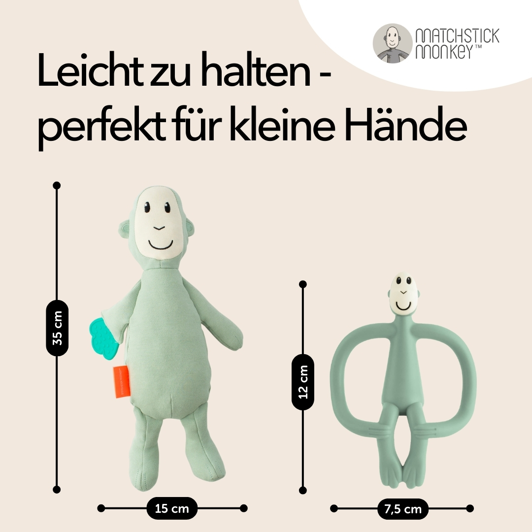 Zwei Objekte: ein affenförmiger Beißring und ein Spielzeugaffe. Die Abmessungen des Beißrings sind markiert.