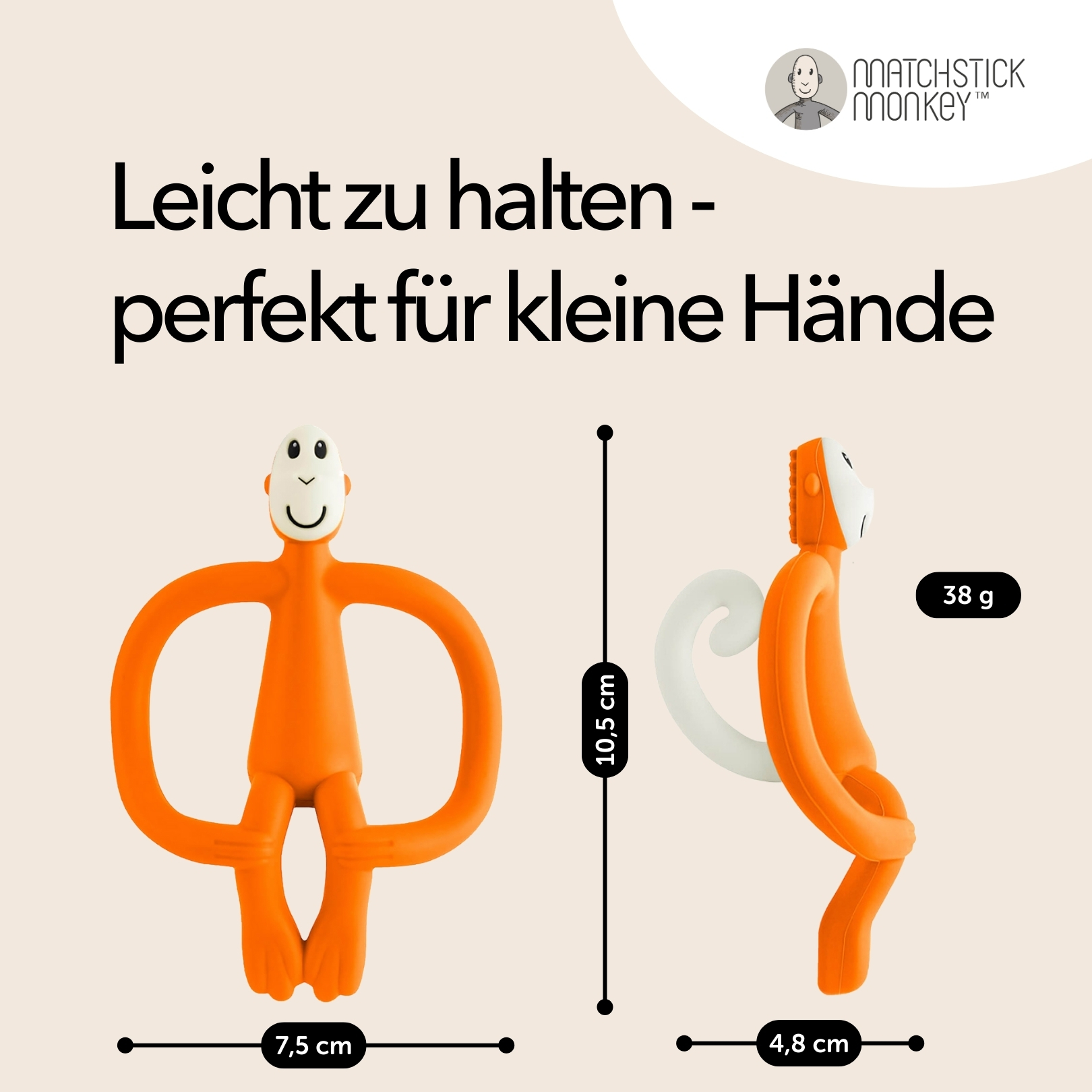 Orangenes Affen-Beißring-Spielzeug mit Abmessungen. Es ist 10,5 cm hoch und 7,5 cm breit, wiegt 38 g.