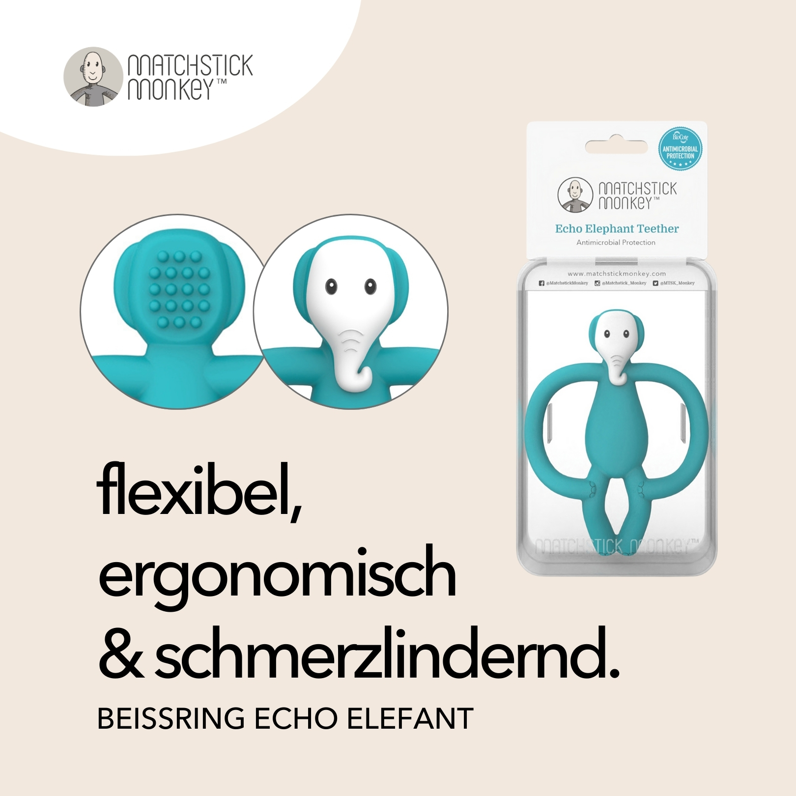 Türkisfarbenes Elefanten-Beißring-Spielzeug mit zwei Bildern und Text. Es ist flexibel, ergonomisch und schmerzlindernd.