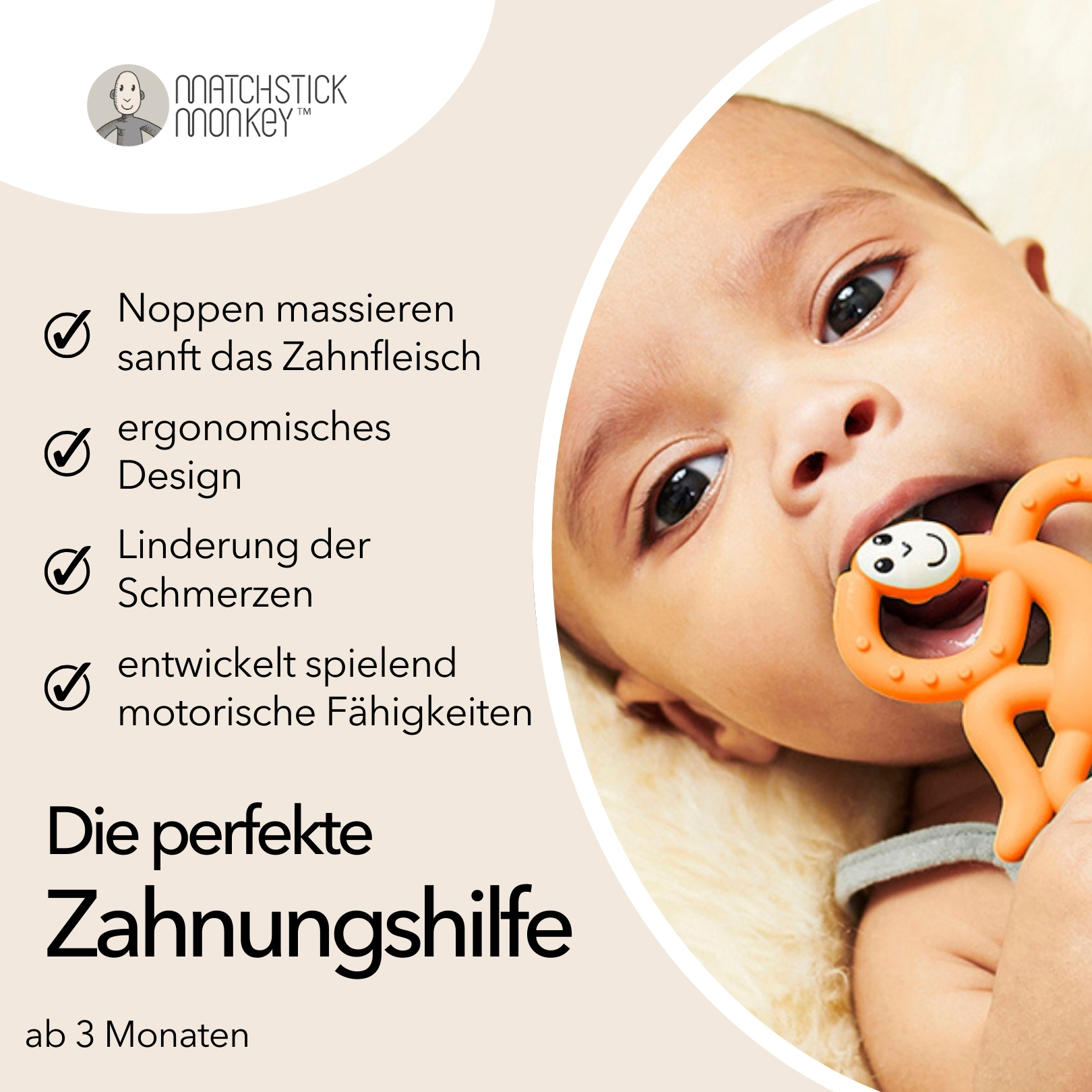 Baby mit orangenem Beißring-Spielzeug im Mund. Text hebt die perfekte Zahnhilfe ab 3 Monaten hervor.