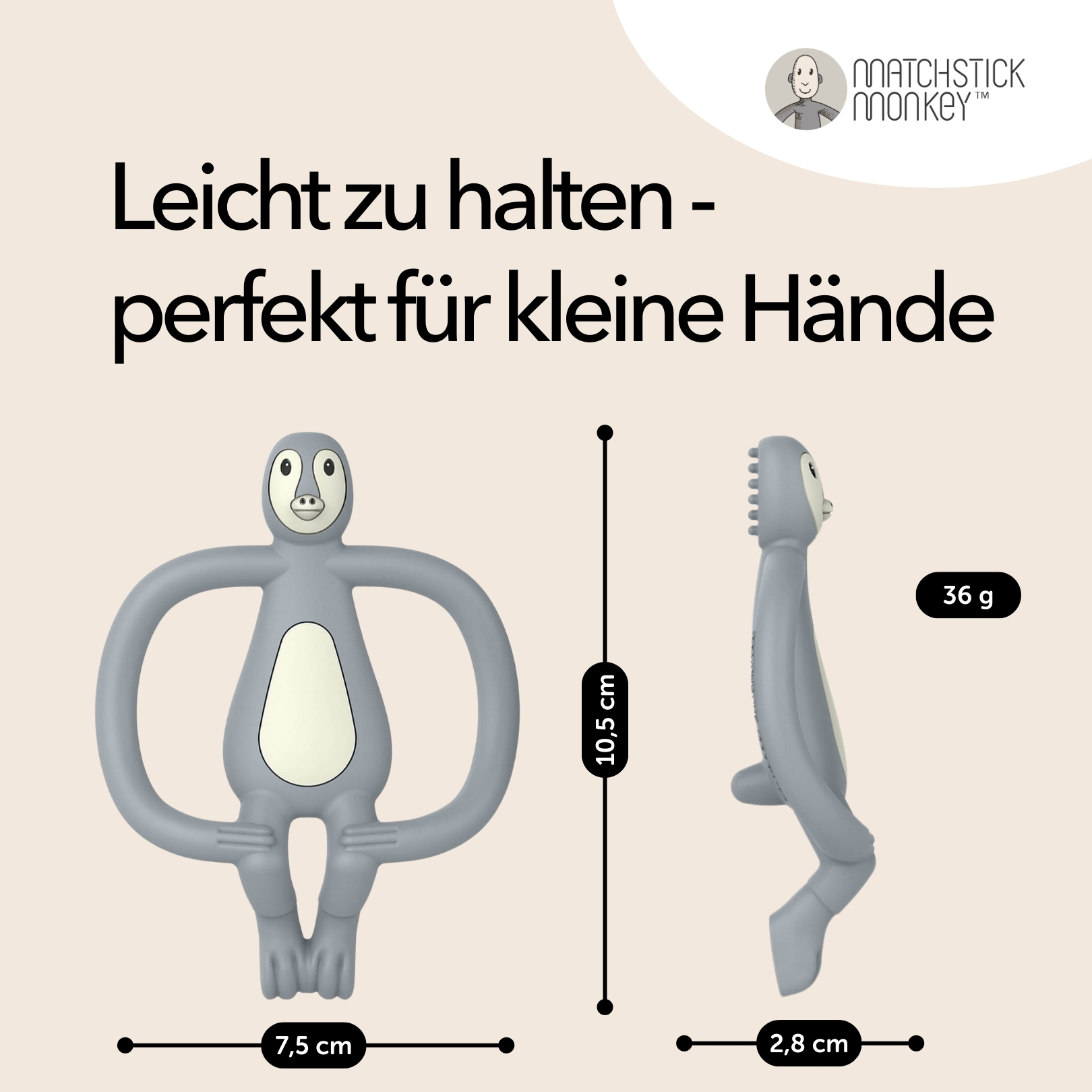 Eine Seitenansicht eines grauen, affenförmigen Beißrings mit Maßen und Gewicht (36 g).