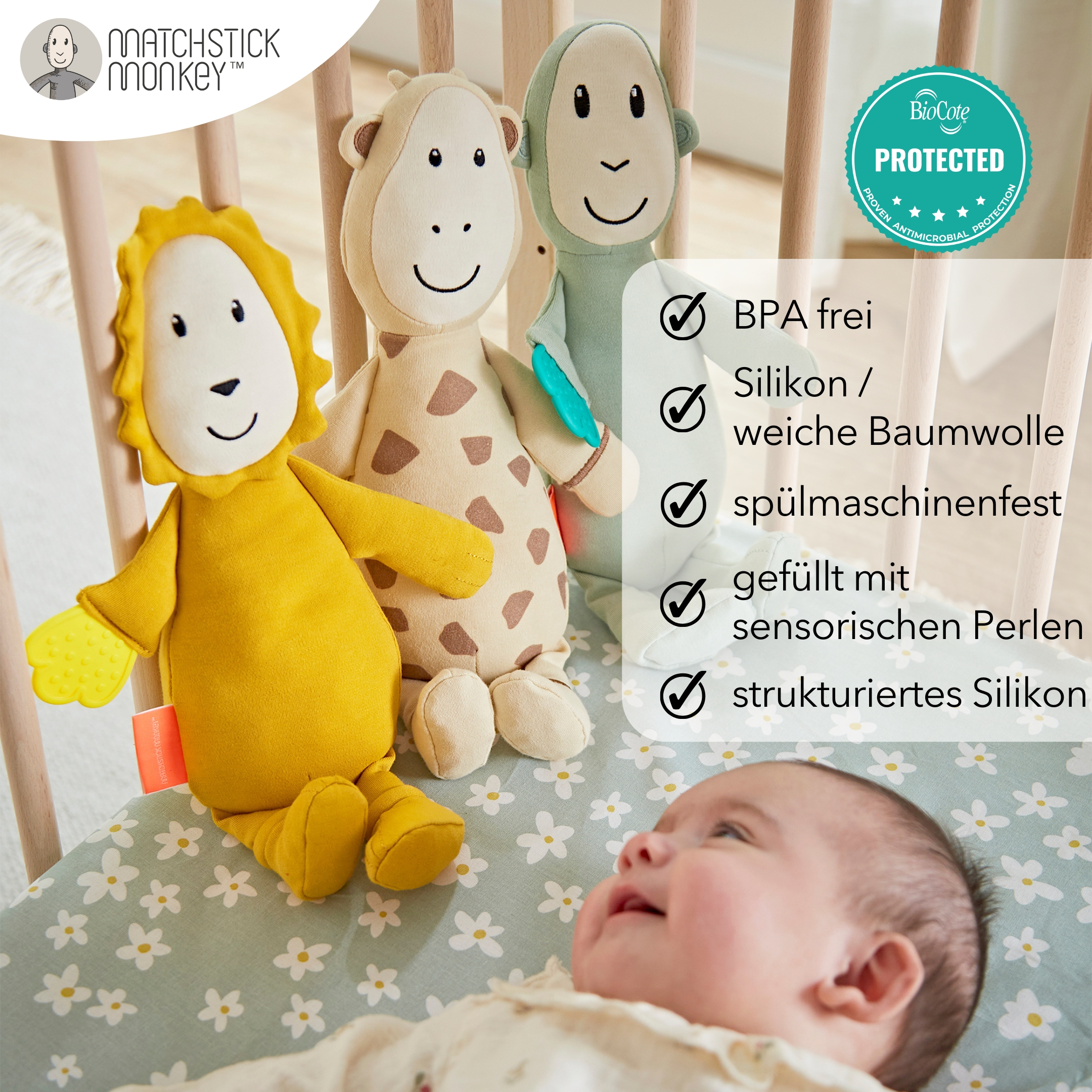 Baby mit Spielzeug, Löwe, Giraffe, Affe, Text: BPA-frei, Silikon, spülmaschinenfest, gefüllt mit sensorischen Perlen.