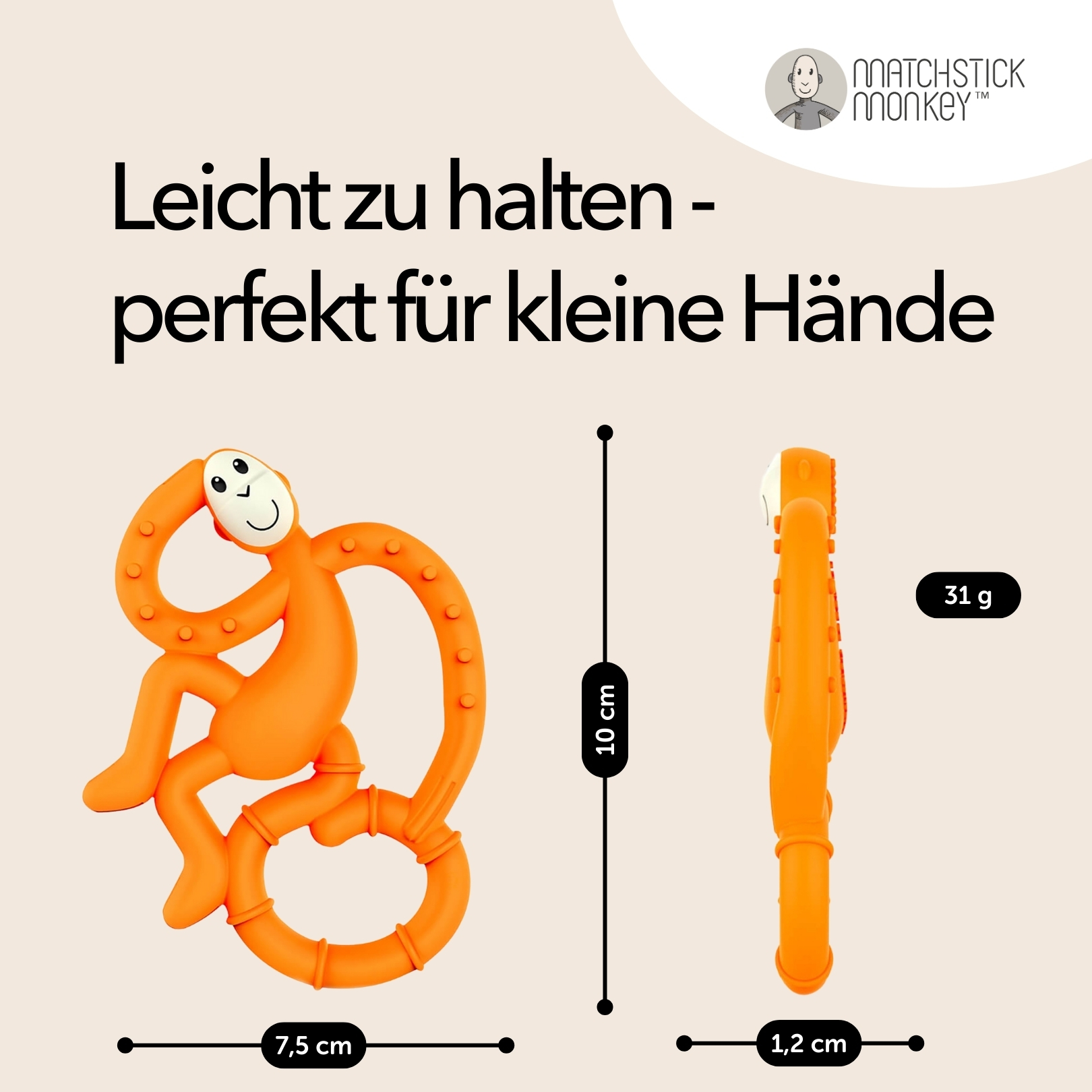 Eine Seitenansicht eines orangefarbenen, affenförmigen Beißrings mit Maßen und Gewicht (31 g).