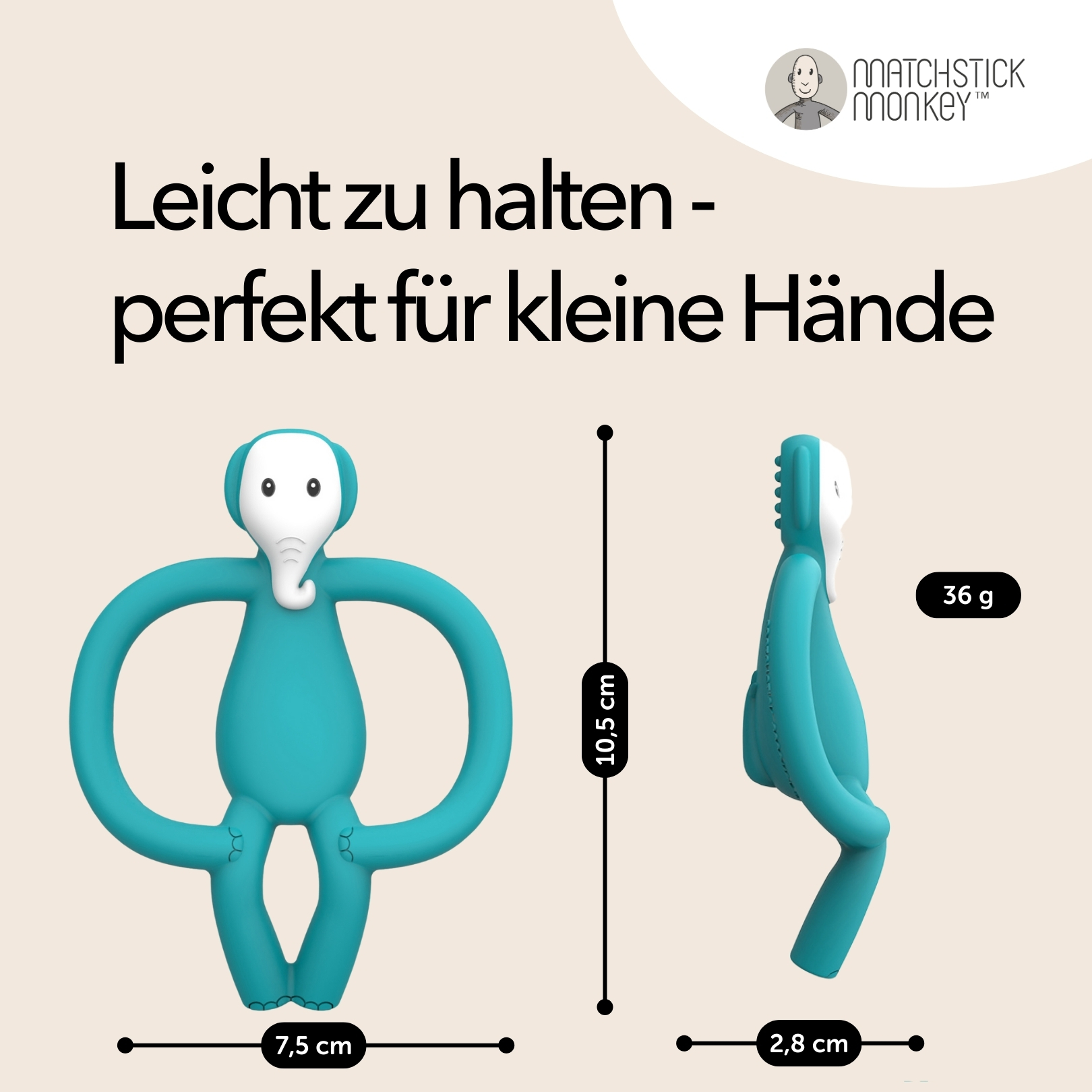 Eine Seitenansicht eines türkisfarbenen, elefantenförmigen Beißrings mit Maßen und Gewicht (36 g).