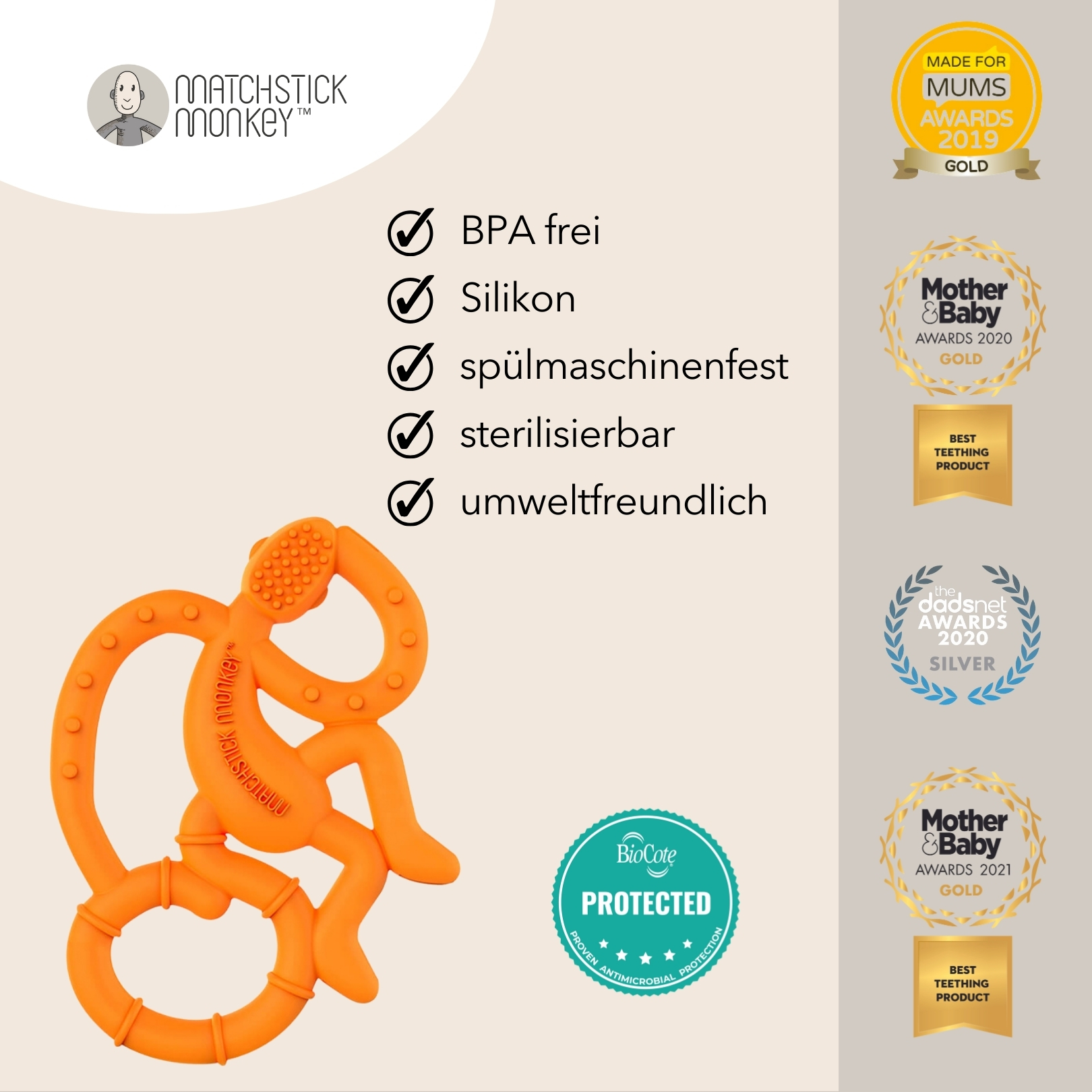 Ein orangefarbener, affenförmiger Beißring mit Text: 'BPA-frei', 'Silikon', 'spülmaschinenfest', 'sterilisierbar', 'umweltfreundlich'.