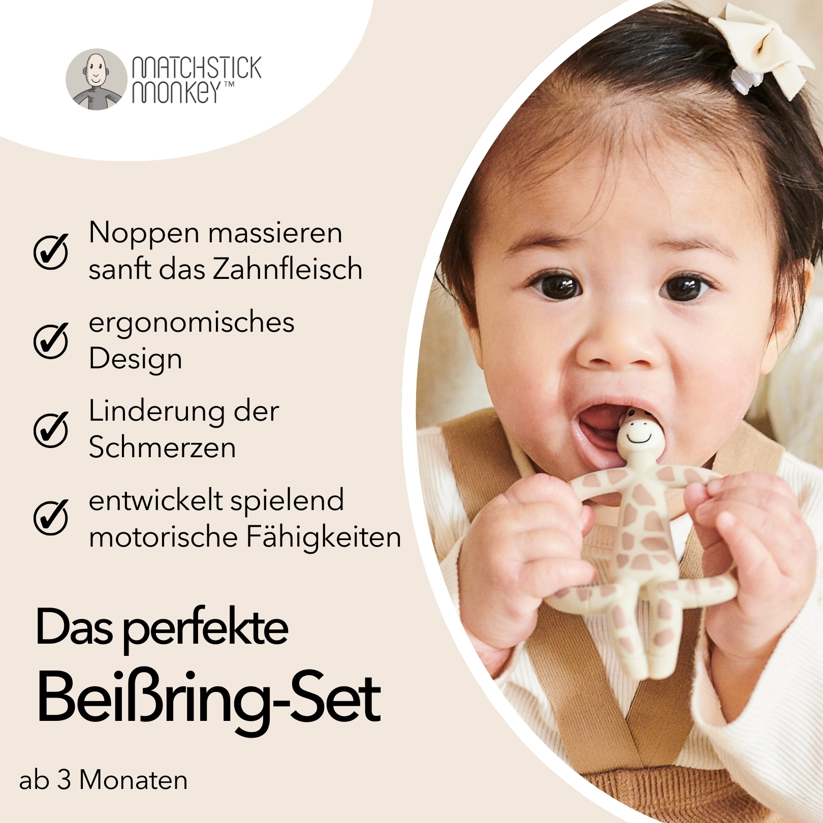 Ein Baby kaut auf einem Giraffen-Beißring. Der Text lautet 'Das perfekte Beißring-Set'.