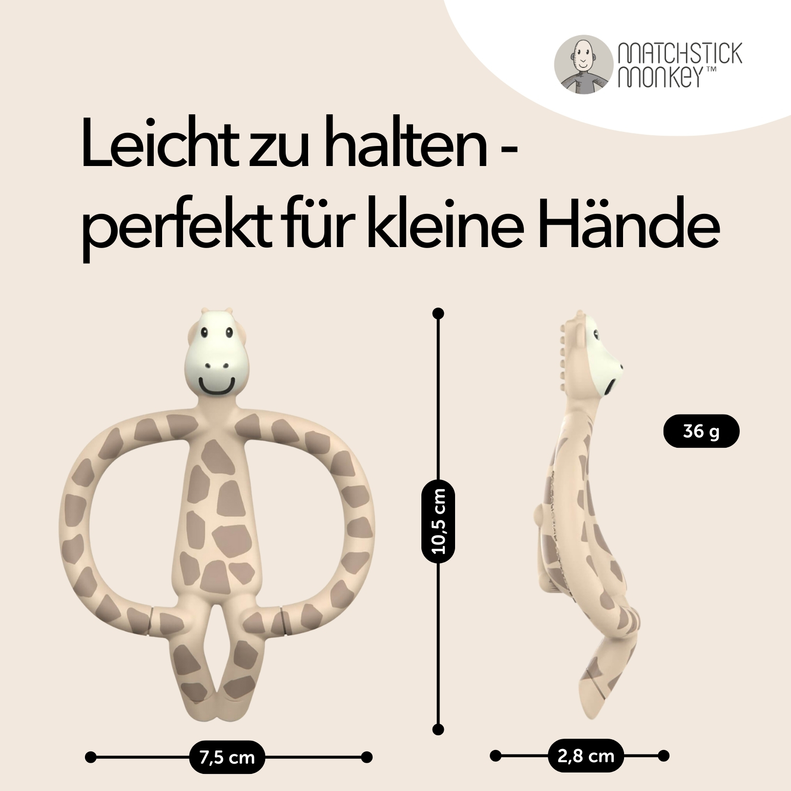 Eine Seitenansicht eines giraffenförmigen Beißrings mit Maßen und Gewicht (36 g).