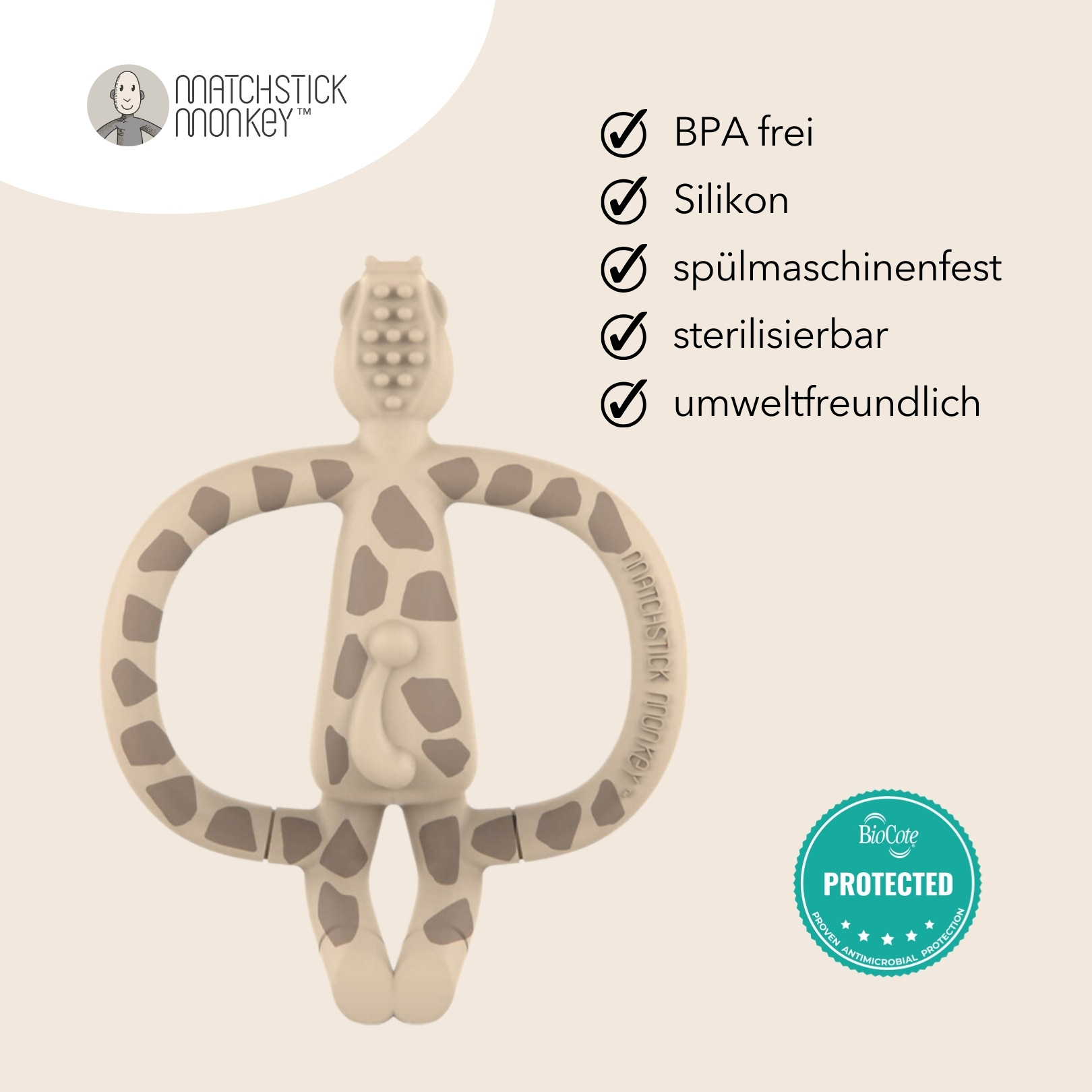 Ein grauer Giraffen-Beißring. Er hat das Logo 'MATCHSTICK MONKEY' und den Text 'BPA frei'.