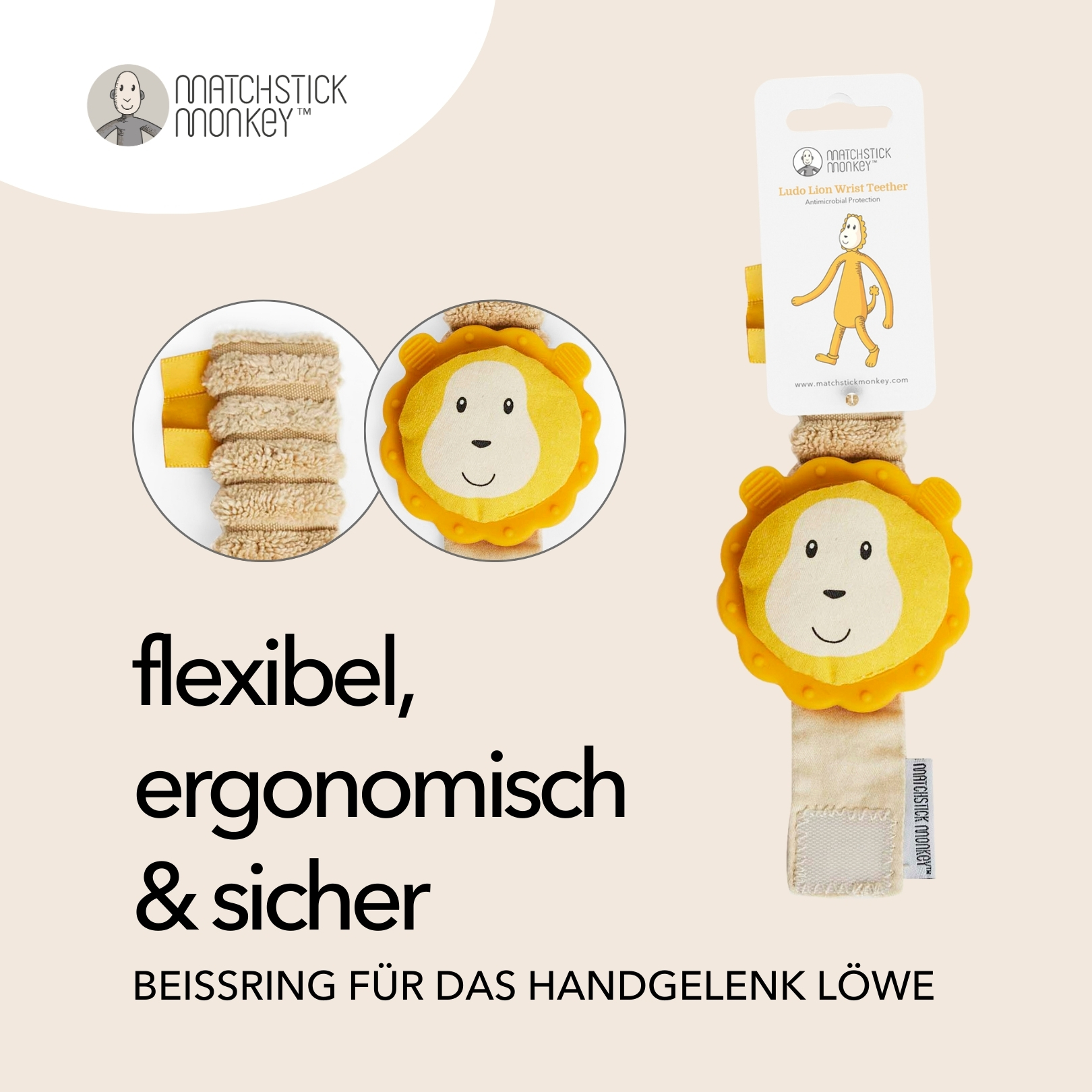 Ein Handgelenk-Beißring mit Löwengesicht und dem Text 'flexibel, ergonomisch & sicher'.