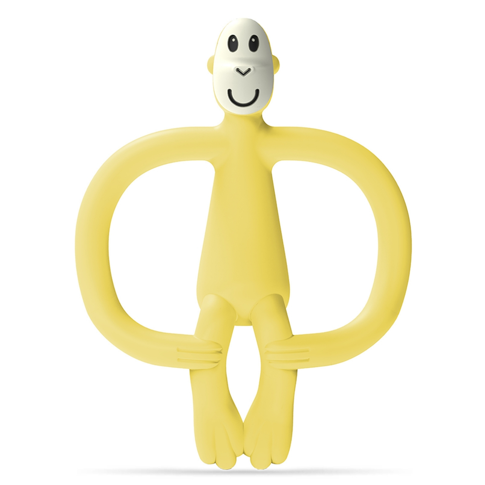 Ein gelber Affen-Beißring. Das Logo 'MATCHSTICK MONKEY' befindet sich oben rechts.