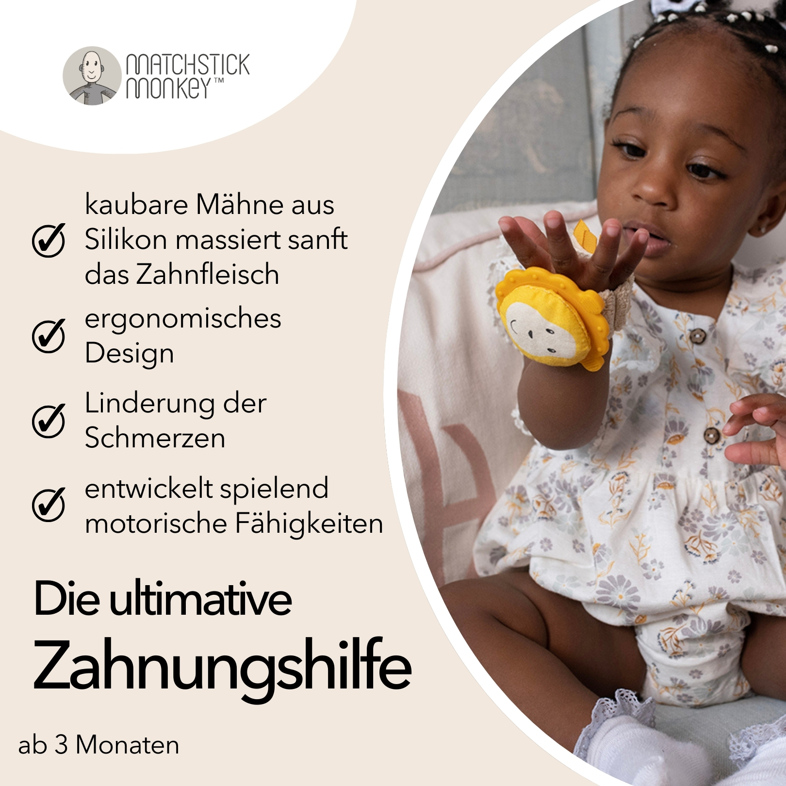 Ein Baby hält einen Löwen-Handgelenk-Beißring. Text 'Die ultimative Zahnungshilfe' und 'ab 3 Monaten'.