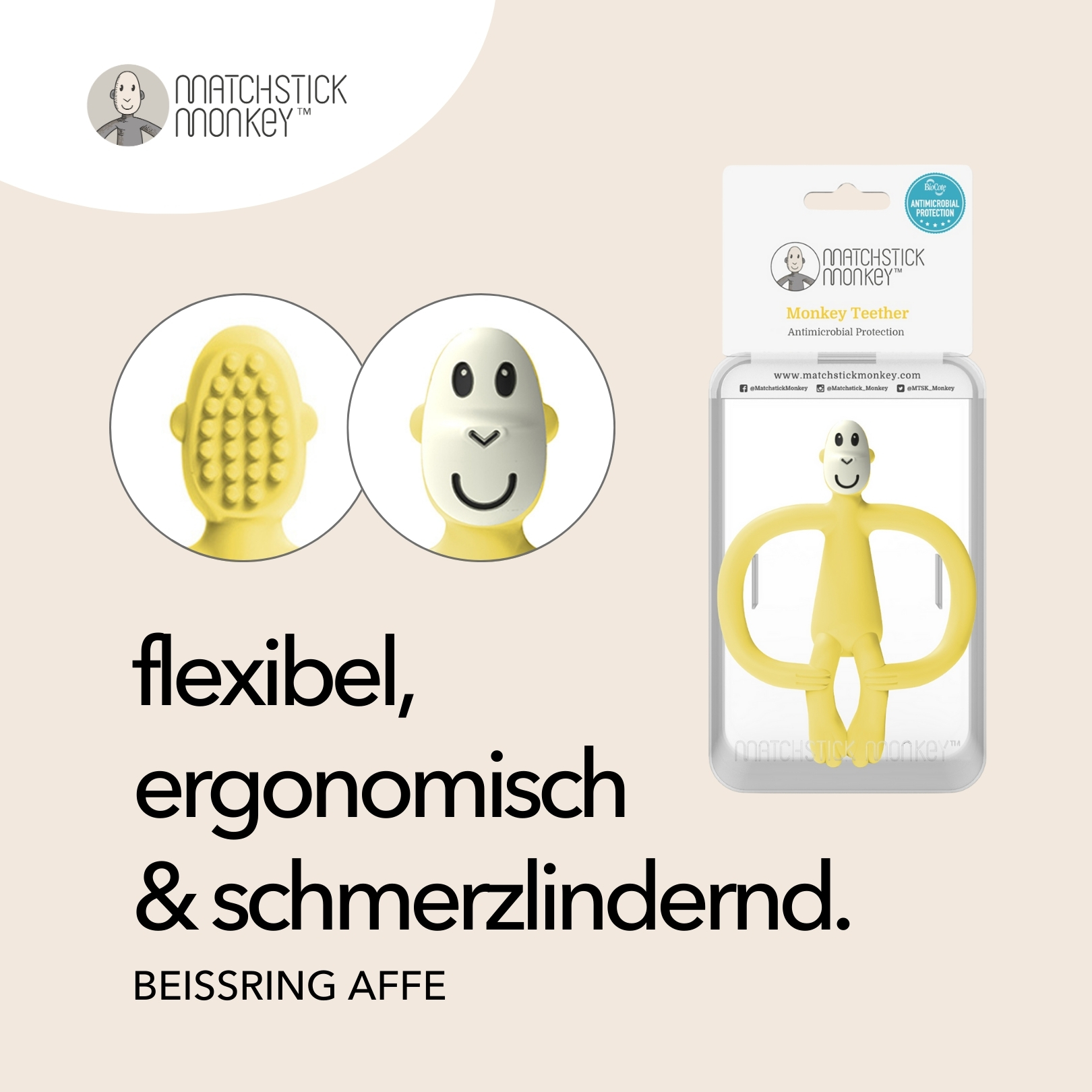 Ein gelber Affen-Beißring in einer Verpackung. Text: 'flexibel, ergonomisch & schmerzlindernd'.