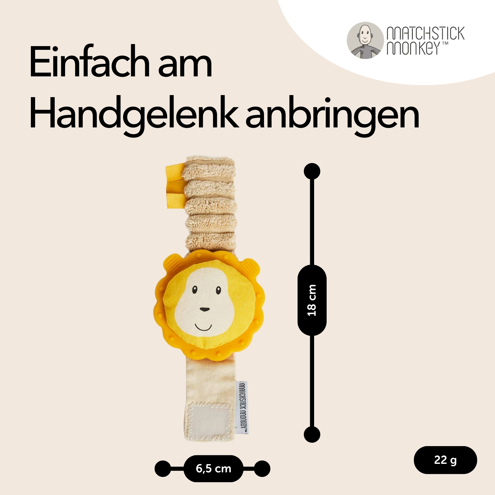 Ein Handgelenk-Beißring mit Löwengesicht. Text-, Maß- und Gewichtsangaben sind zu sehen.